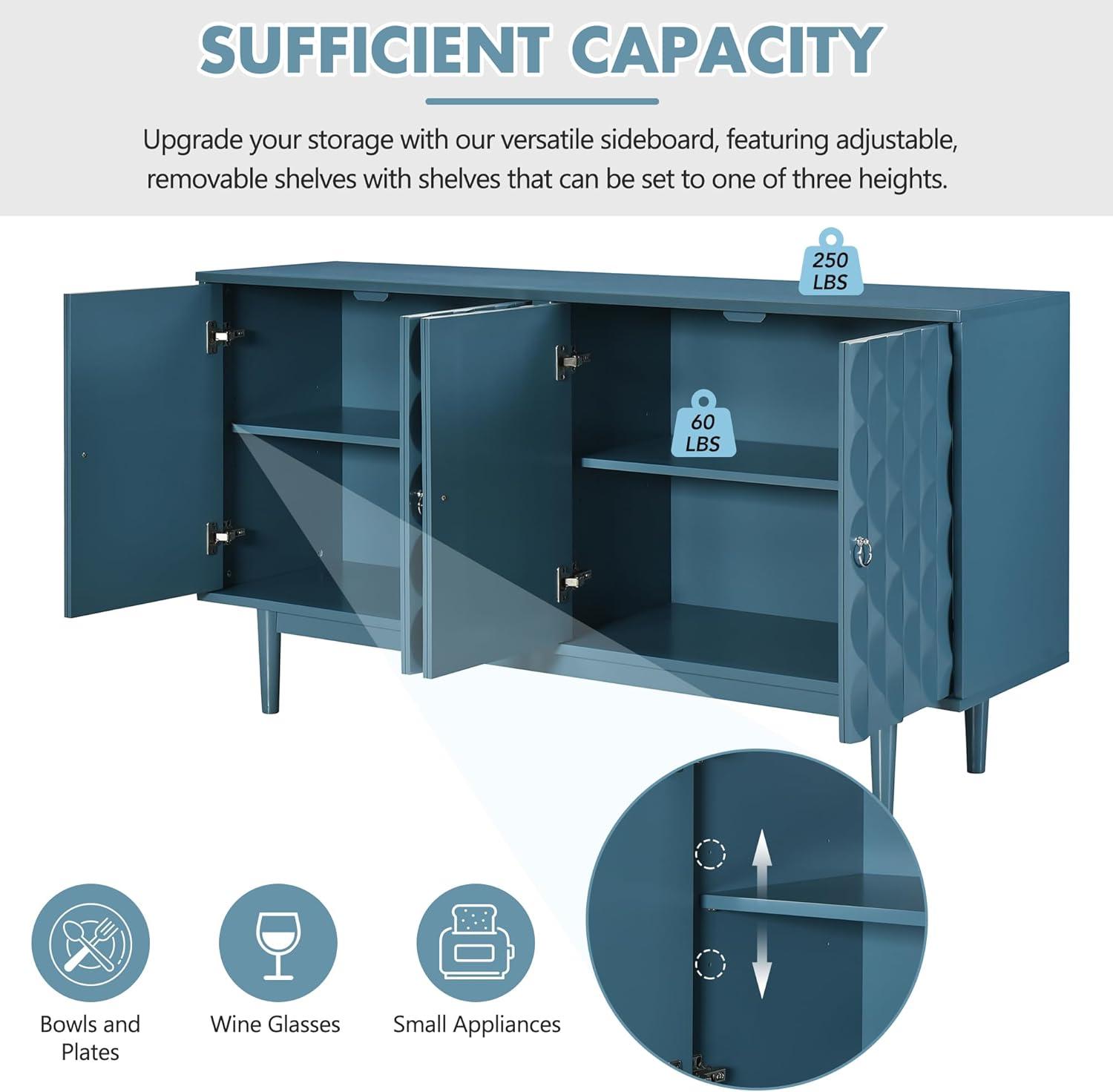 Navy Blue MDF 4-Door Sideboard with Convex Pattern and Silver Handles