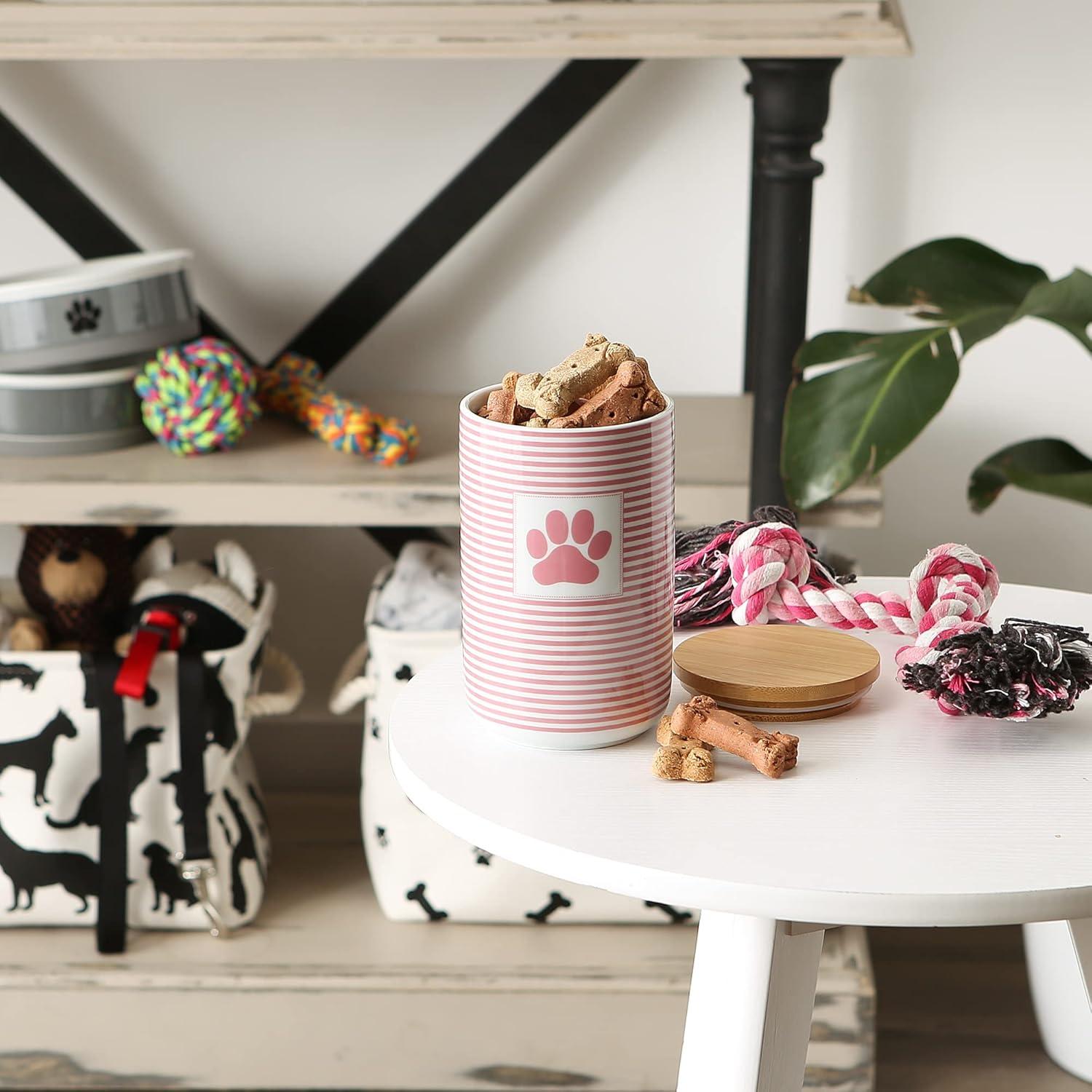 Rose Stripe Ceramic Pet Treat Canister with Bamboo Lid