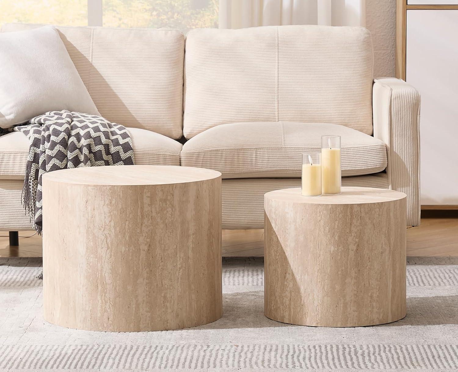 Latitude Run® Set of 2 Modern Round Wood Nesting Coffee Table Circle Travertine End Side Table Sets