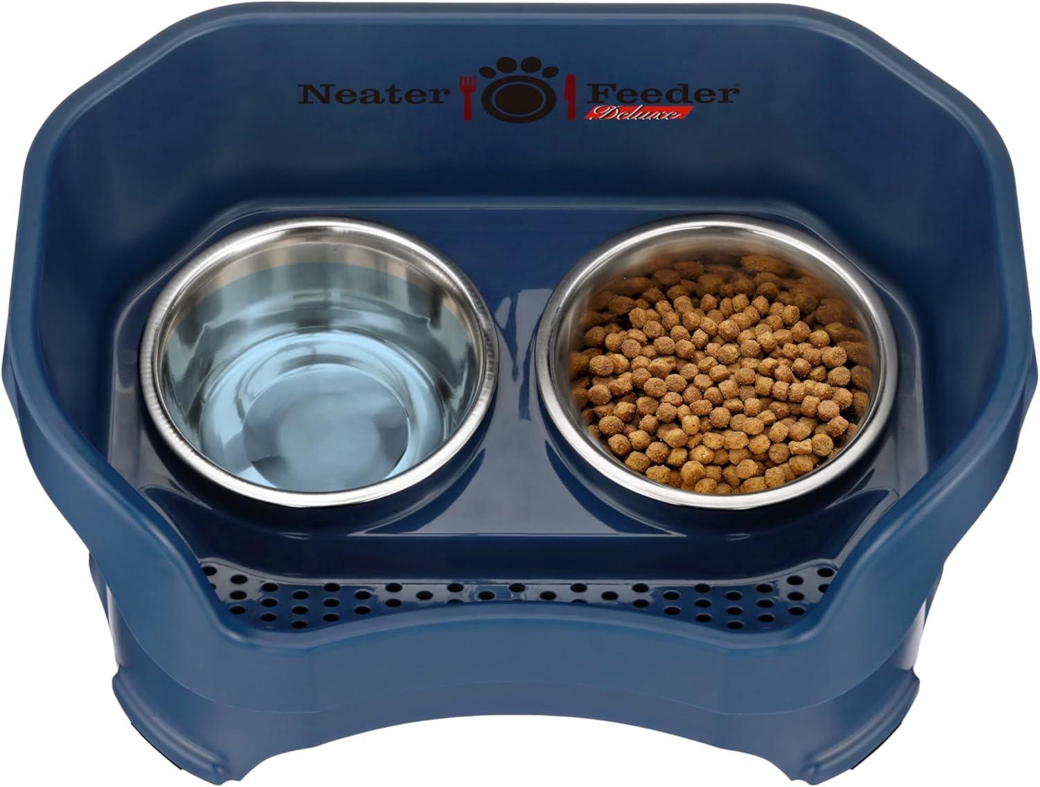 Neater Pets Neater Feeder Deluxe Mess-Proof Elevated Food & Water Bowls for Medium Dogs, Dark Blue