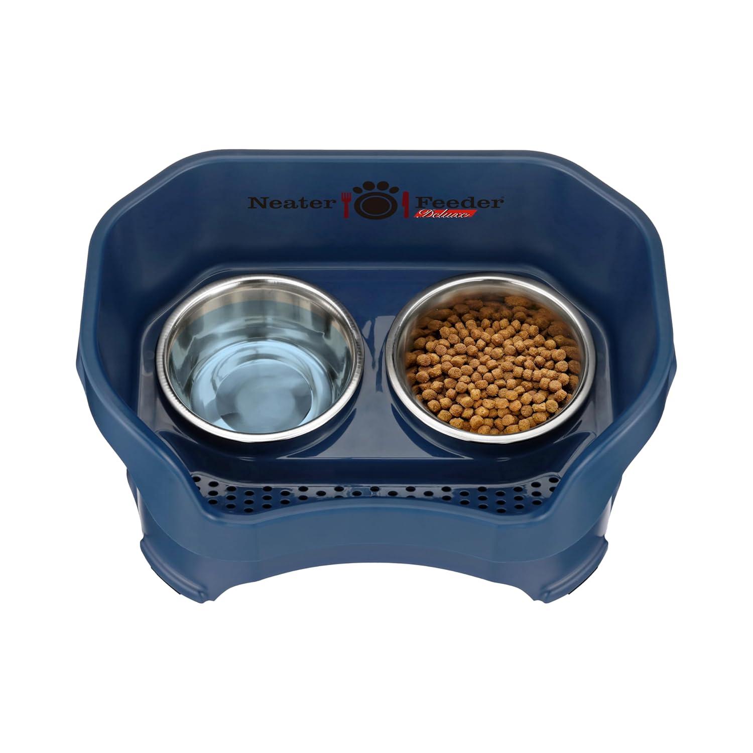 Neater Pets Neater Feeder Deluxe Mess-Proof Elevated Food & Water Bowls for Medium Dogs, Dark Blue