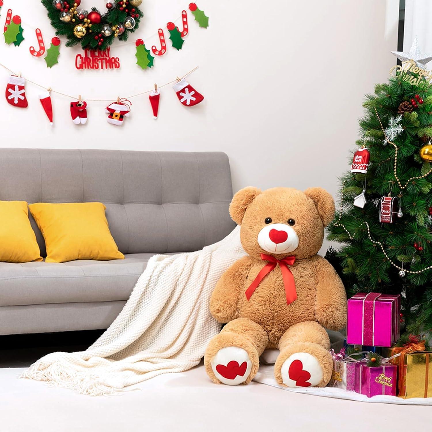 HollyHOME Big Teddy Bear Stuffed Animal Large Bear Plush with Red Heart for Girlfriend and Kids Holiday Toy Gift 36 inch Tan