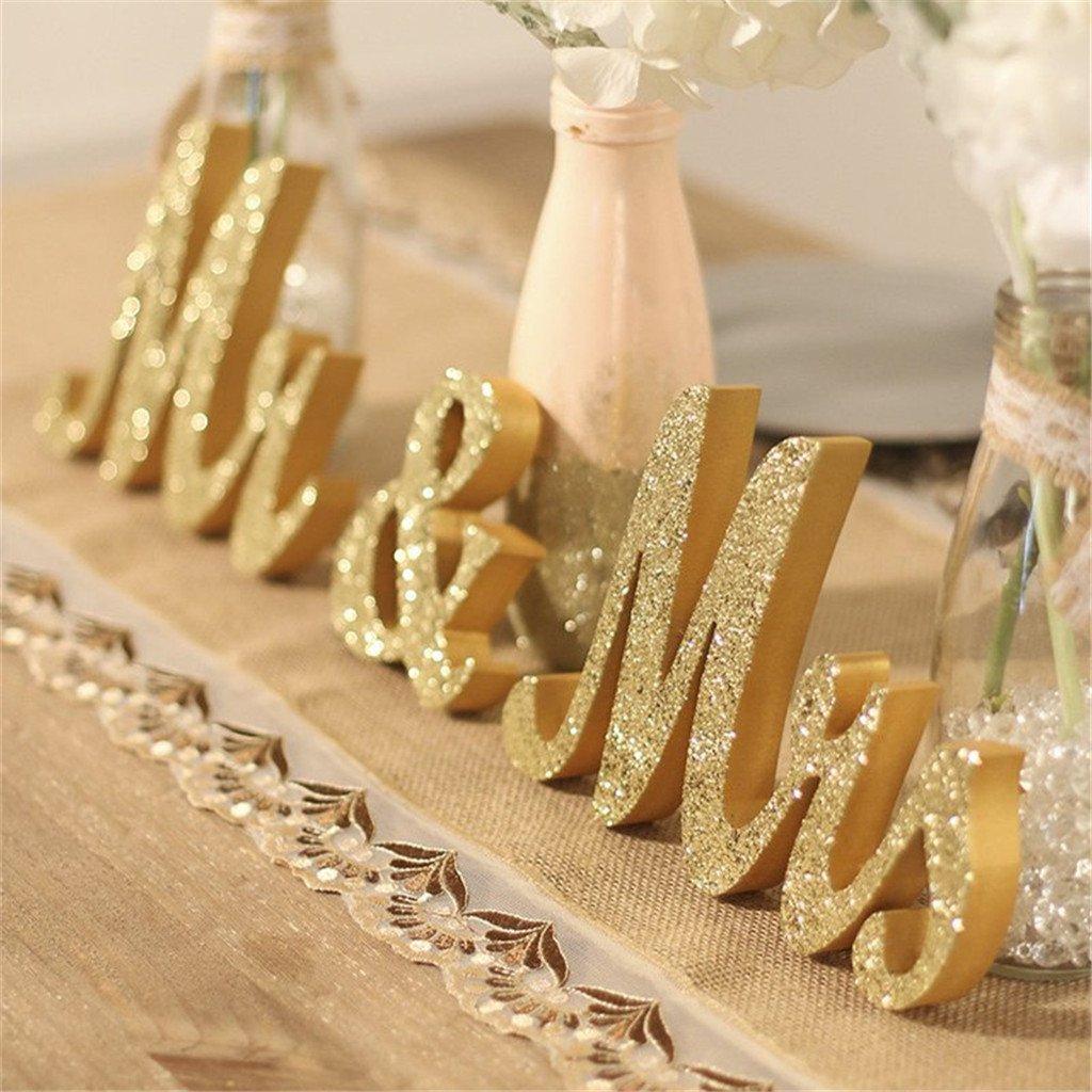 Mr and Mrs Signs Wedding Table Decorations, Wooden Freestanding Letters for Photo Props, Rustic Decoration, Anniversary Shower Gift (Golden)