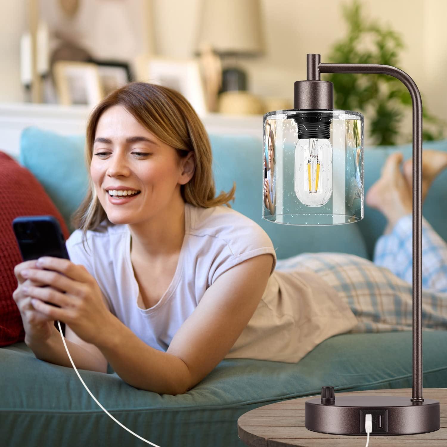 Set of 2 Industrial Table Lamps with 2 USB Port  Fully Stepless Dimmable Lamps for bedrooms  Bedside Nightstand Desk Lamps with Seeded Glass Shade for Reading Living Room Office 2 LED Bul