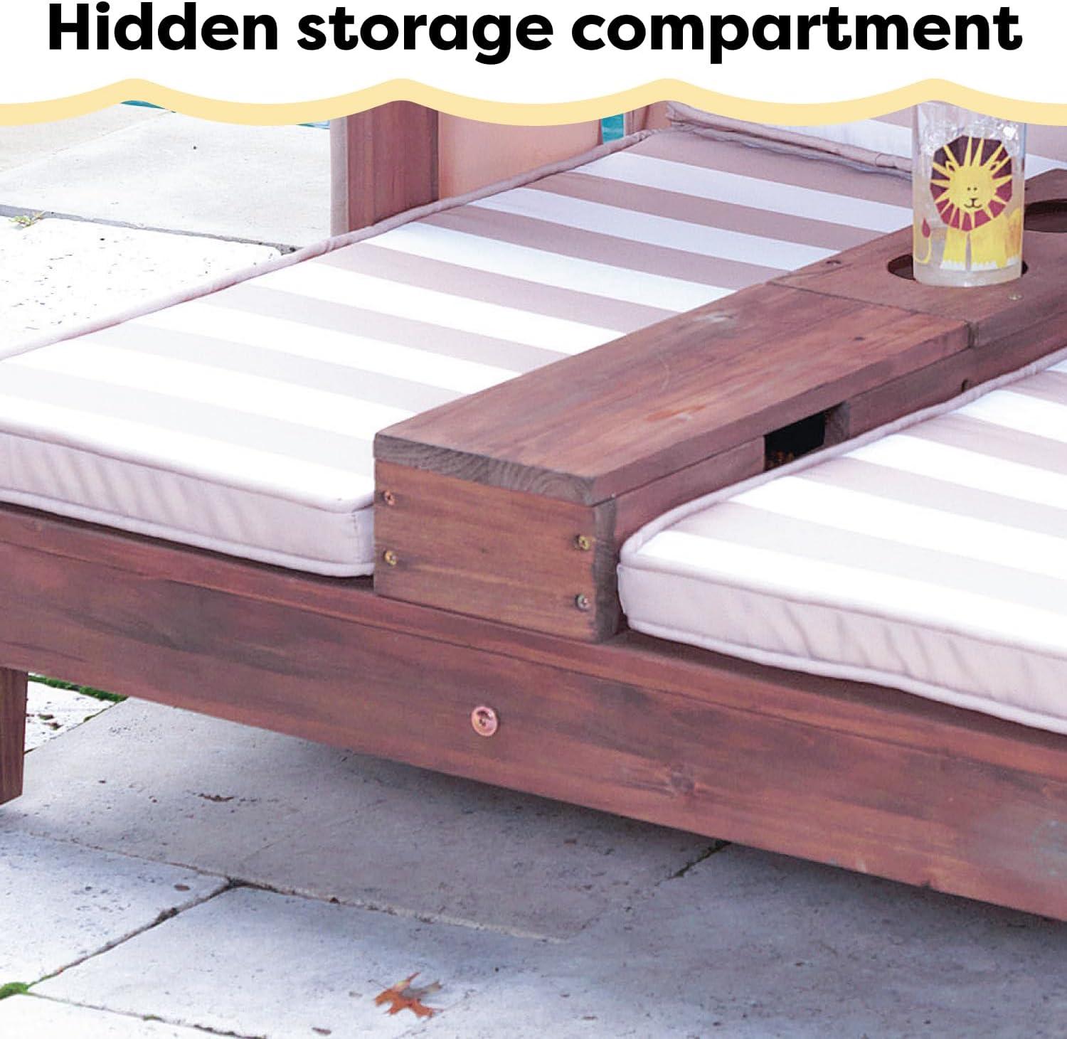 Wooden Outdoor Double Lounger with Cup Holder, Wood Color, L x W x H 36.5 x 33.4 x 35.1 inches