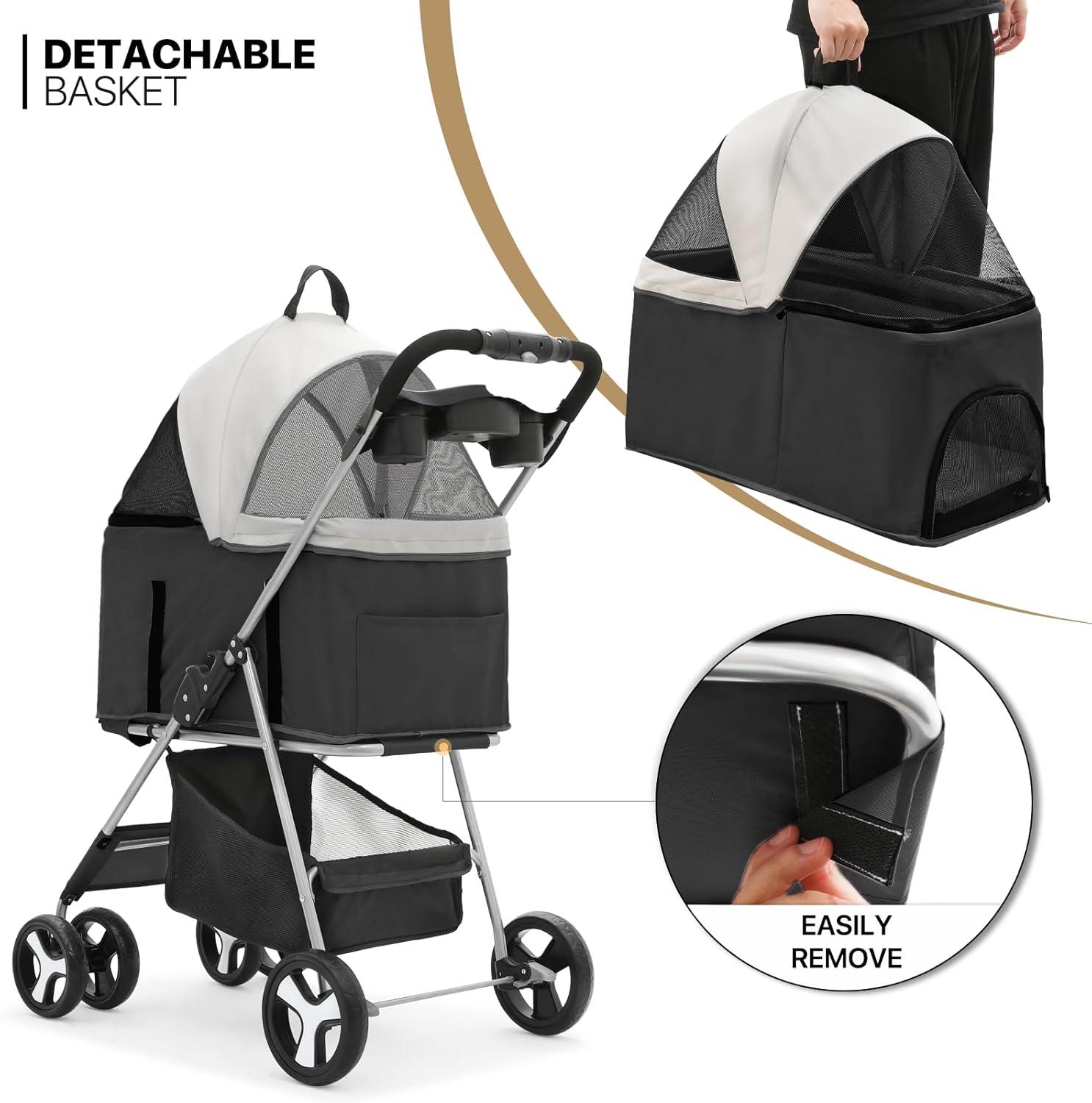 MoNiBloom Folding Pet Stroller, Foldable Dog Jogger Stroller with Detachable Carrier, Basket and Cup Holder