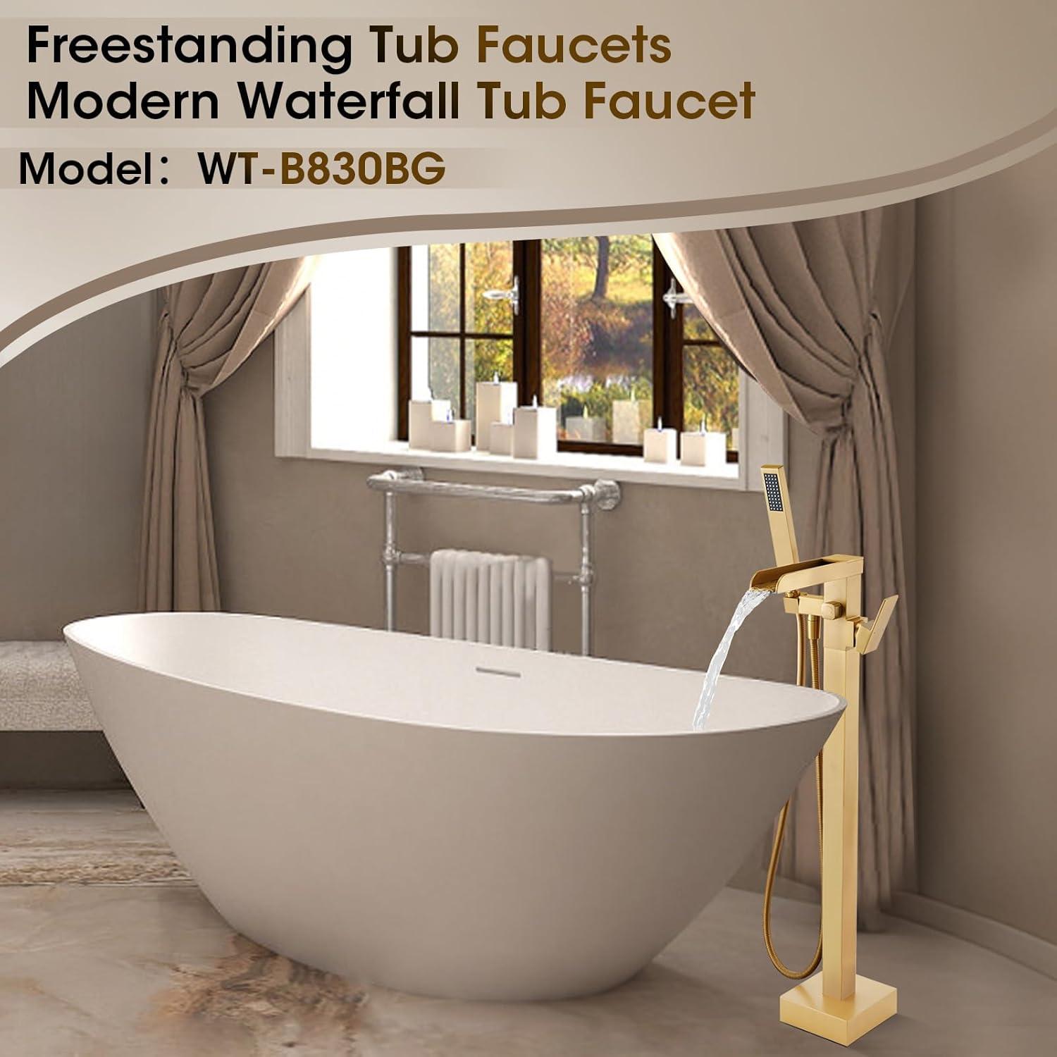 AlenArtWater Waterfall Tub Filler Freestanding Bathtub Faucet Floor Mount Brass Single Handle Bathroom Faucets with Hand Shower 94-LJQKCZ