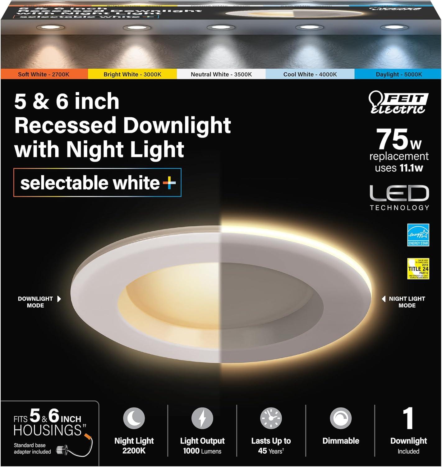 White 5-6 Inch LED Recessed Downlight with Night Light Mode