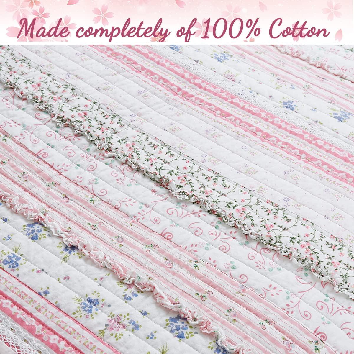 Pink Rose Peonies Ruffle 4-Piece Pink Floral Stripe Cotton Bedding Set with Decor Pillow King Quilt Set