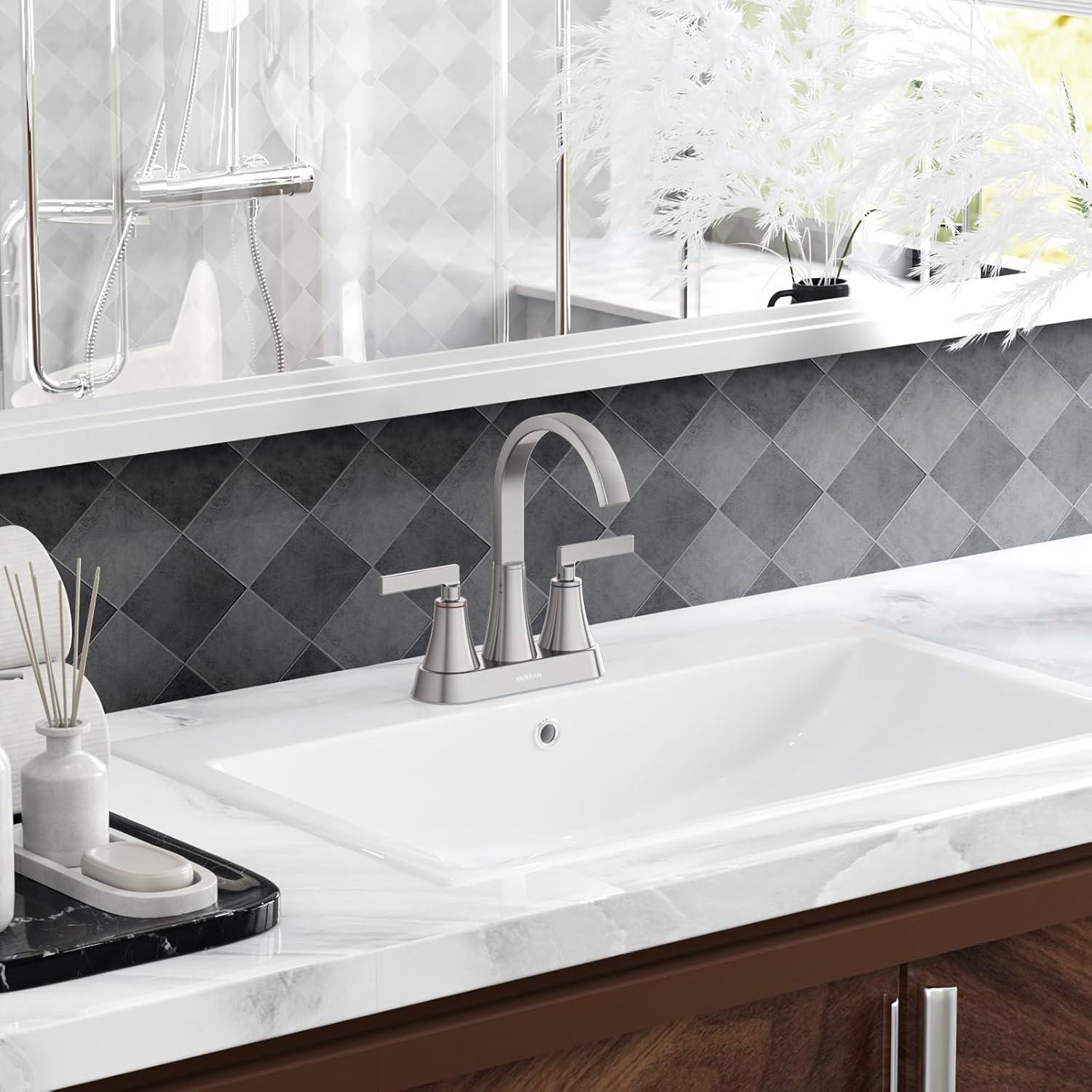 Bathroom Sink Faucet, Hurran 4 inch Brushed Gold Bathroom Faucets for Sink 3 Hole with Pop-up Drain and Supply Hoses, 360 Swivel Spout 2-Handle Centerset Faucet for Vanity RV Farmhouse