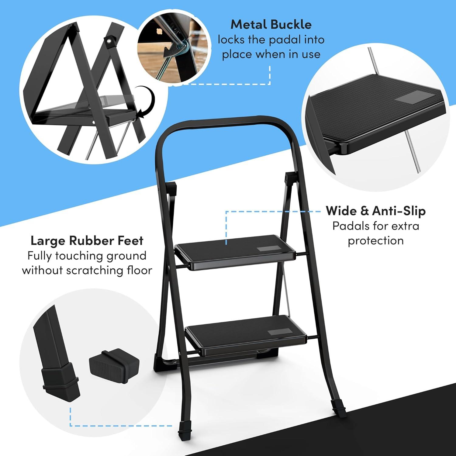Lifetime Appliance Parts 2-Step Ladder with Wide Anti-Slip Platform & Thick Rubber feet - Foldable & Portable - 330 lbs Capacity - BLACK