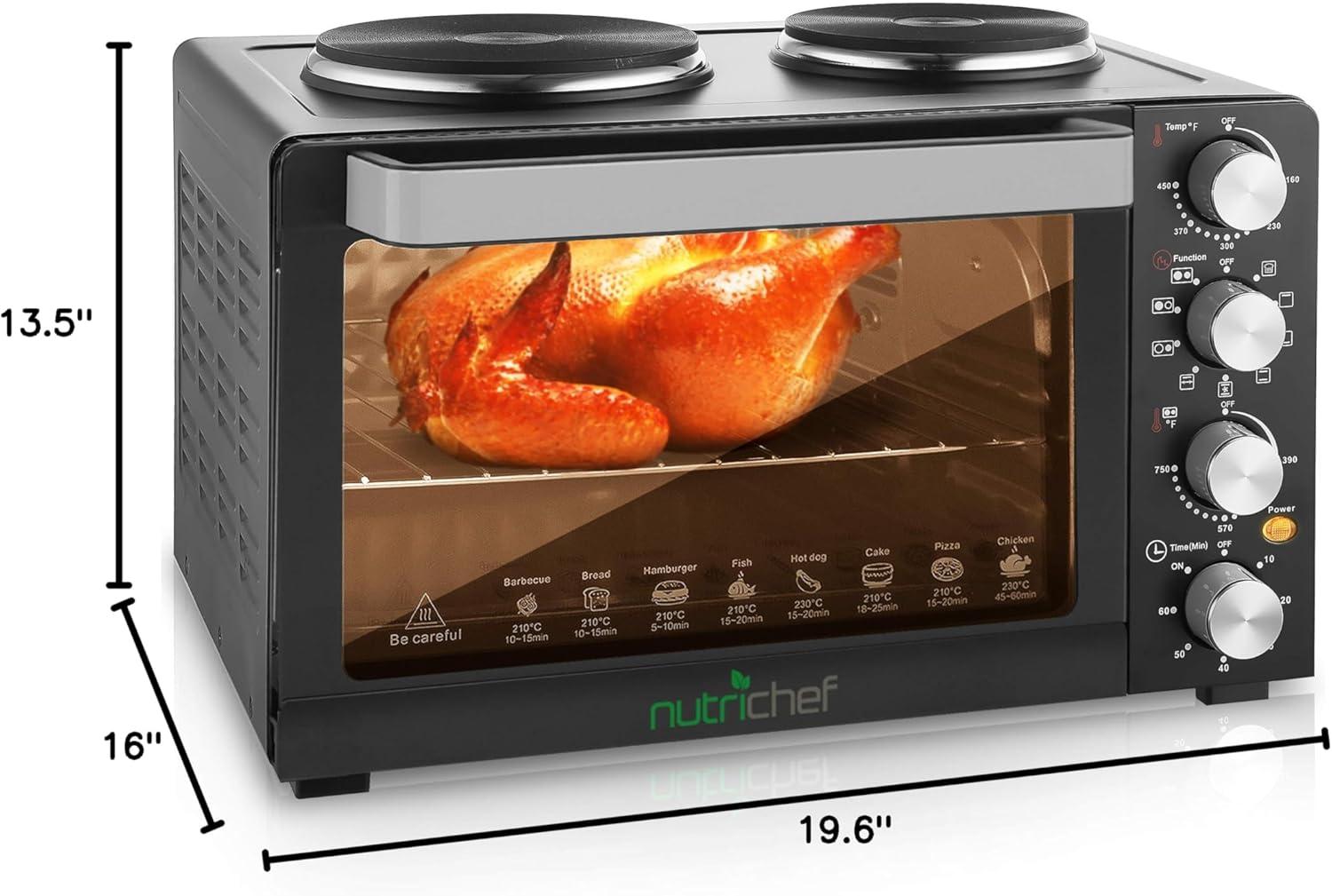 NutriChef 30+ Quart Countertop Convection Oven Cooker - 1500W Heating, Rotisserie, Dual Hot Plates, 120V - Black