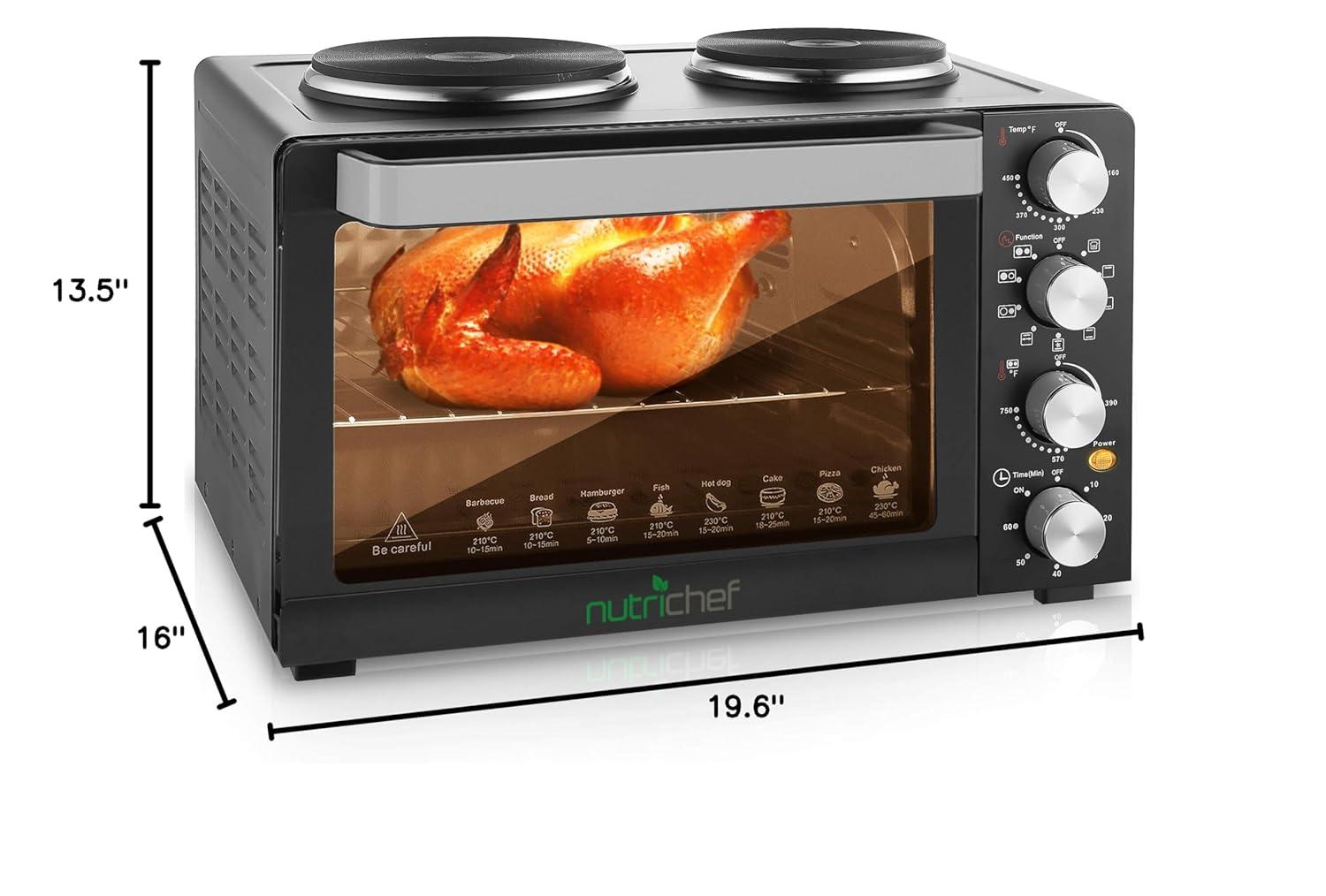 NutriChef 30+ Quart Countertop Convection Oven Cooker - 1500W Heating, Rotisserie, Dual Hot Plates, 120V - Black
