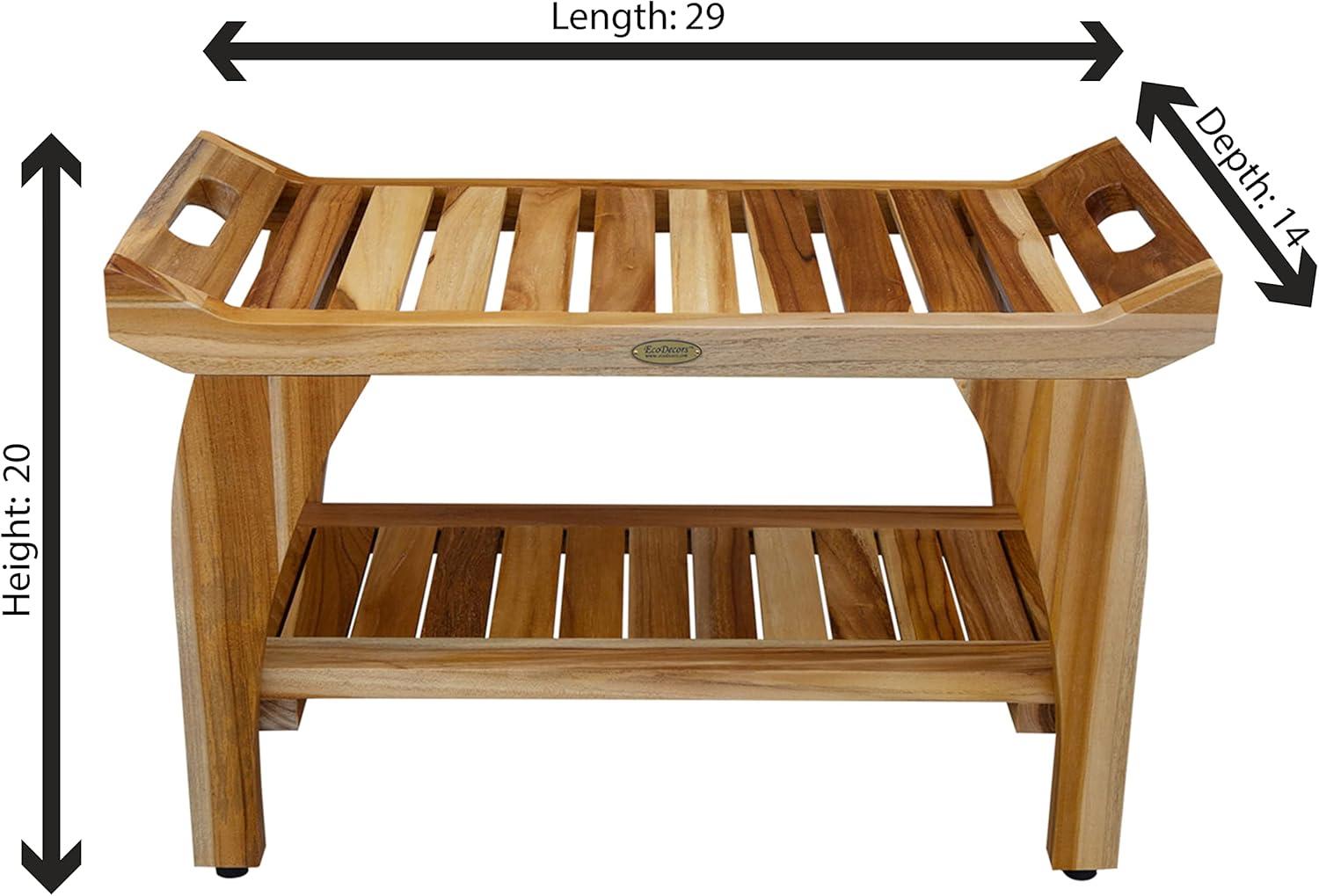 EcoDecors 32" Natural Teak Shower Bench with Handles and Shelf