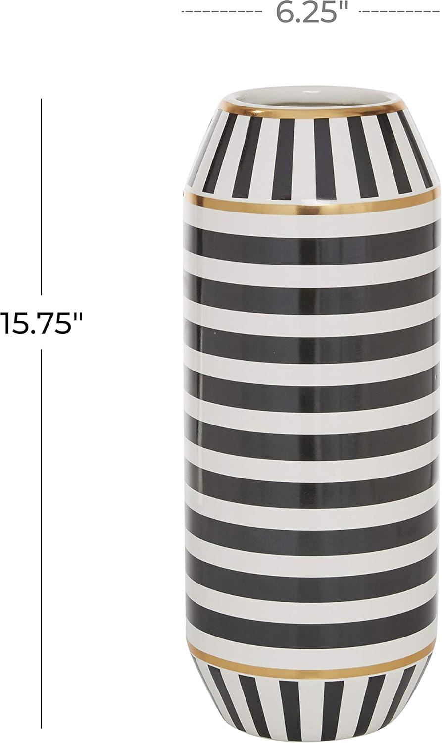 DecMode 16" Striped Black Ceramic Vase with Gold Accents