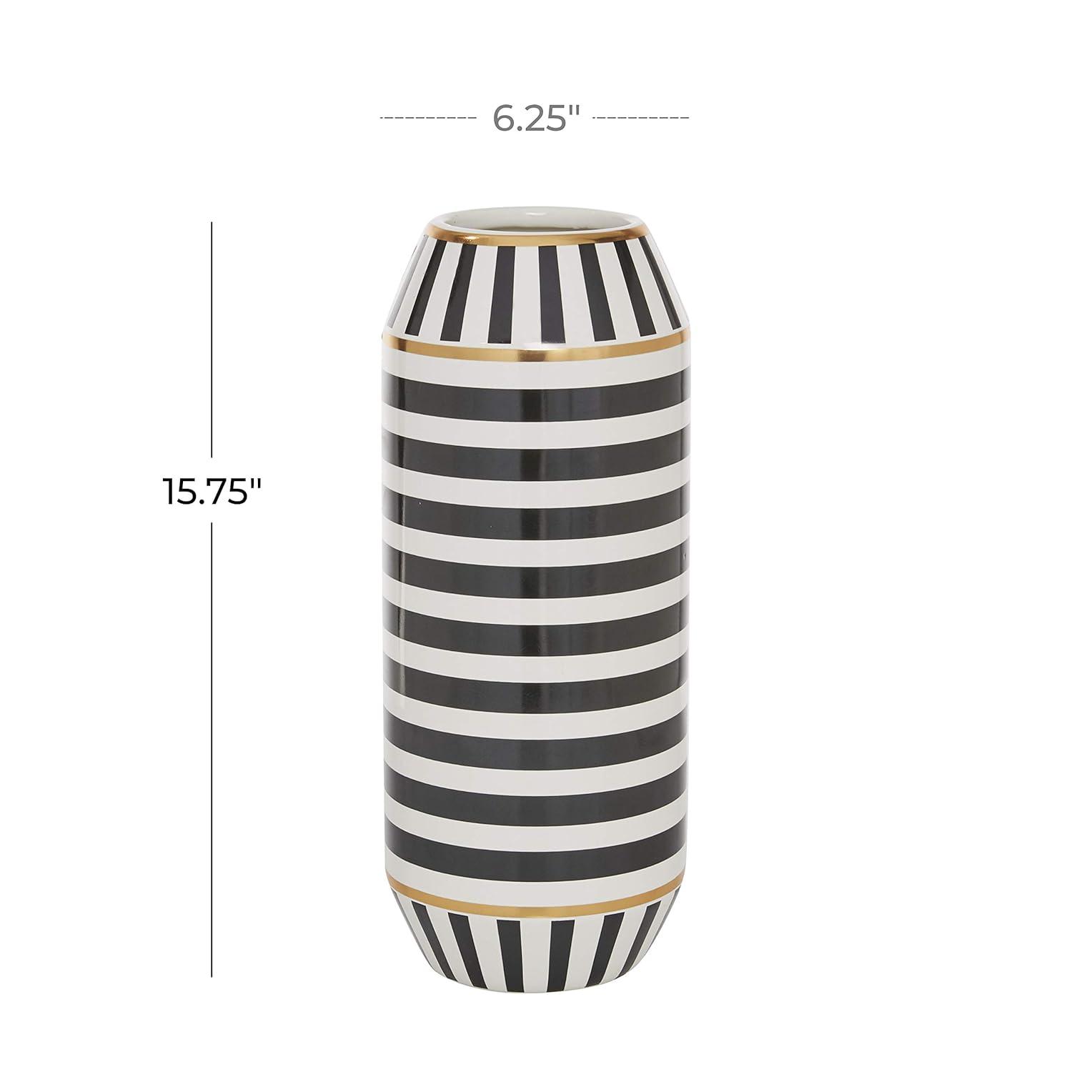 DecMode 16" Striped Black Ceramic Vase with Gold Accents