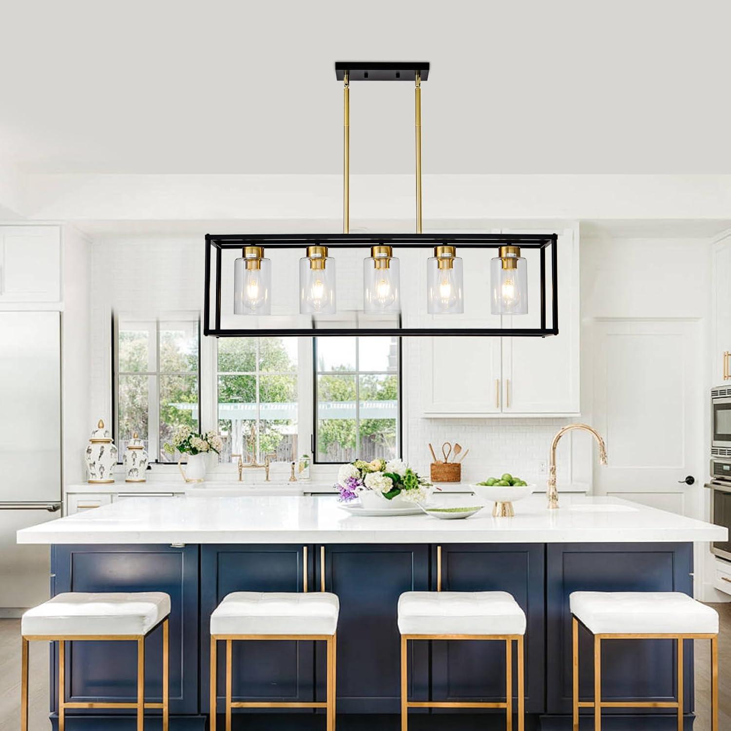 Modern Black and Brass 5-Light Island Chandelier with Glass Shades