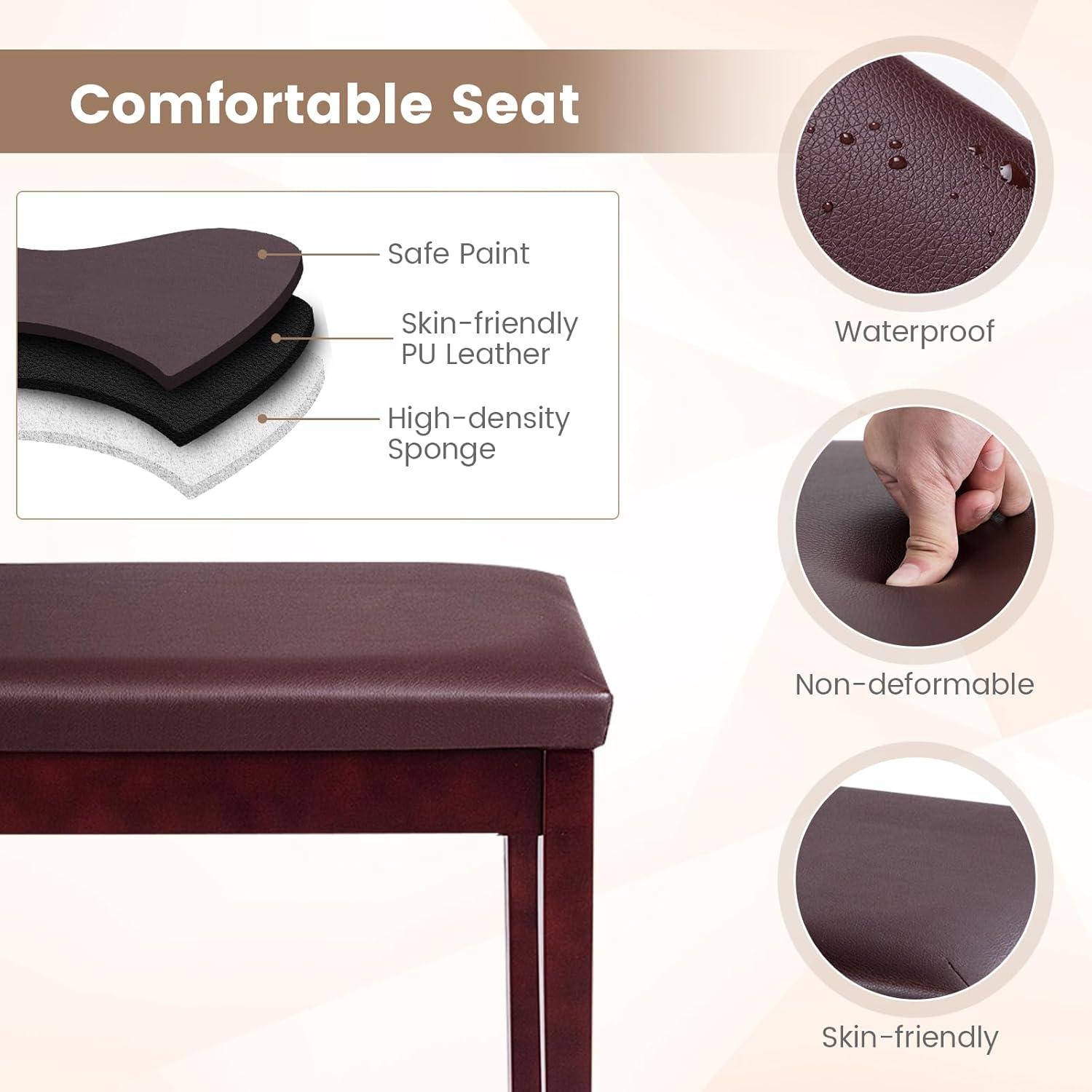 Tangkula PU Leather Piano Bench Solid Wood Padded Double Duet Keyboard Seat w/ Storage Box Black