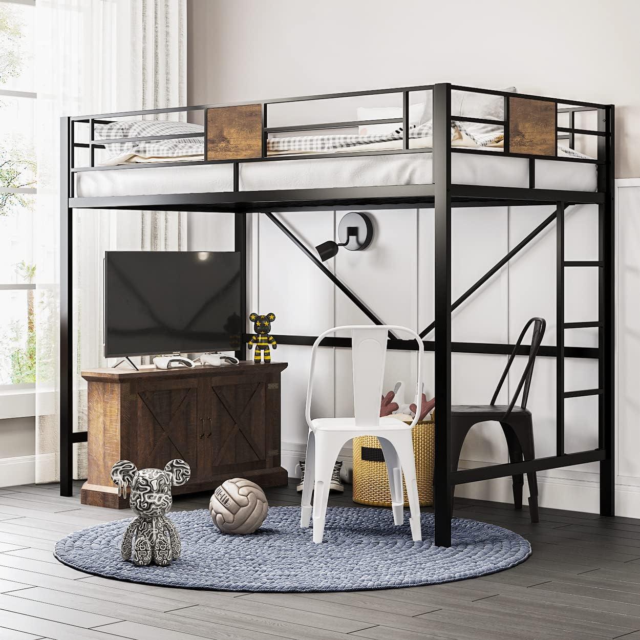 SHA CERLIN Metal Twin Size Loft Beds Frame with Stairs & Full-Length Guardrail for Teen and Child, Black