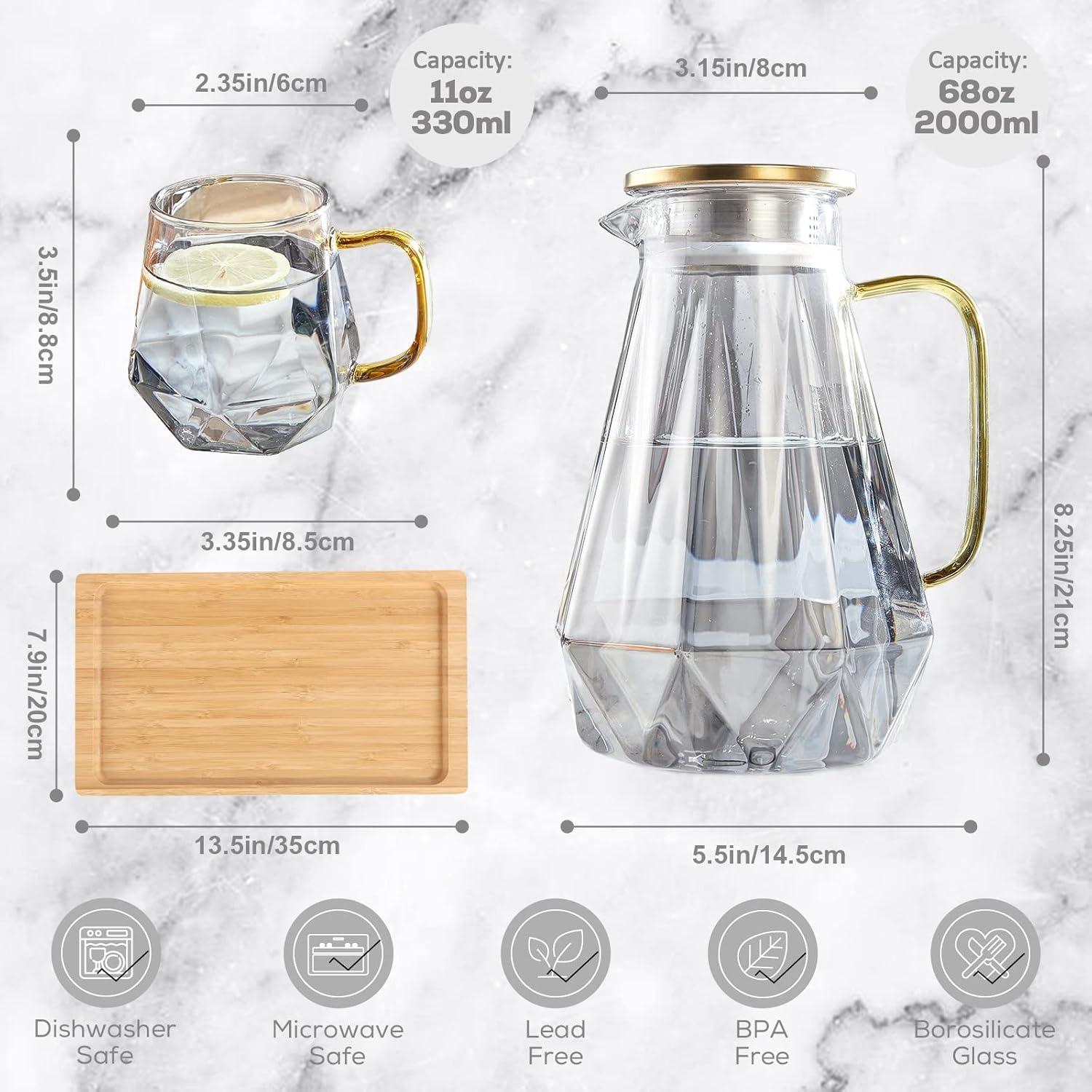 DUJUST Glass Pitcher Set (68 oz) with 4 Cups & 1 Tray, Elegant Diamond Design Water Pitcher with Handle, Durable Glass Jug for Fridge, Glass Carafe for Iced Tea/Juice/Beverage/Coffee/Drinks