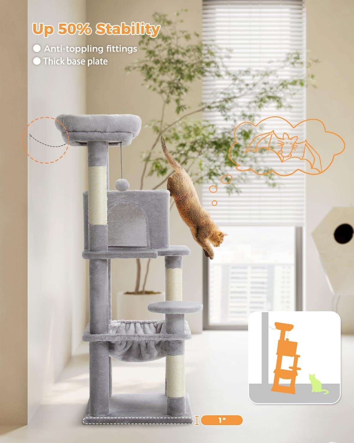 Gray Multi-Level Cat Tree with Sisal Posts and Hammock