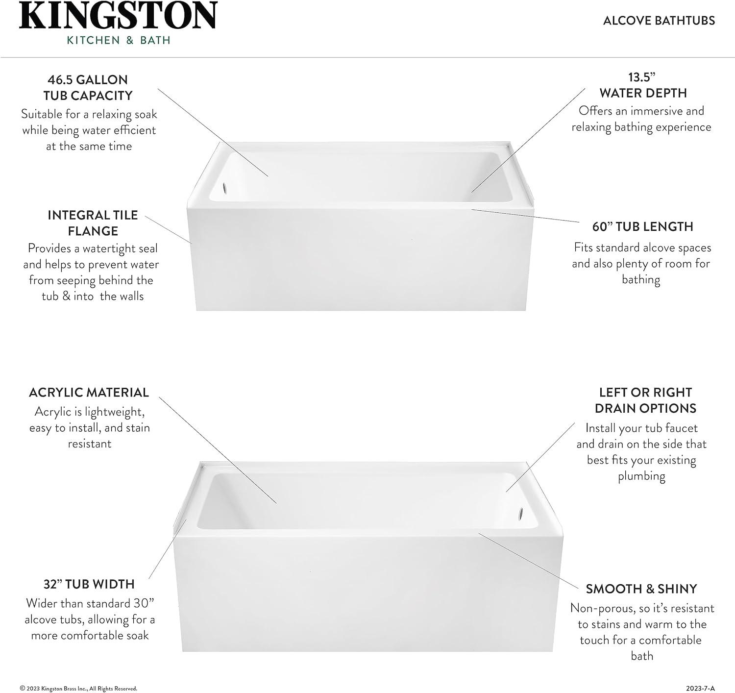 Kingston Brass Aqua Eden 60-Inch Acrylic Rectangular 3-Wall Alcove Tub, Hand Drain Hole