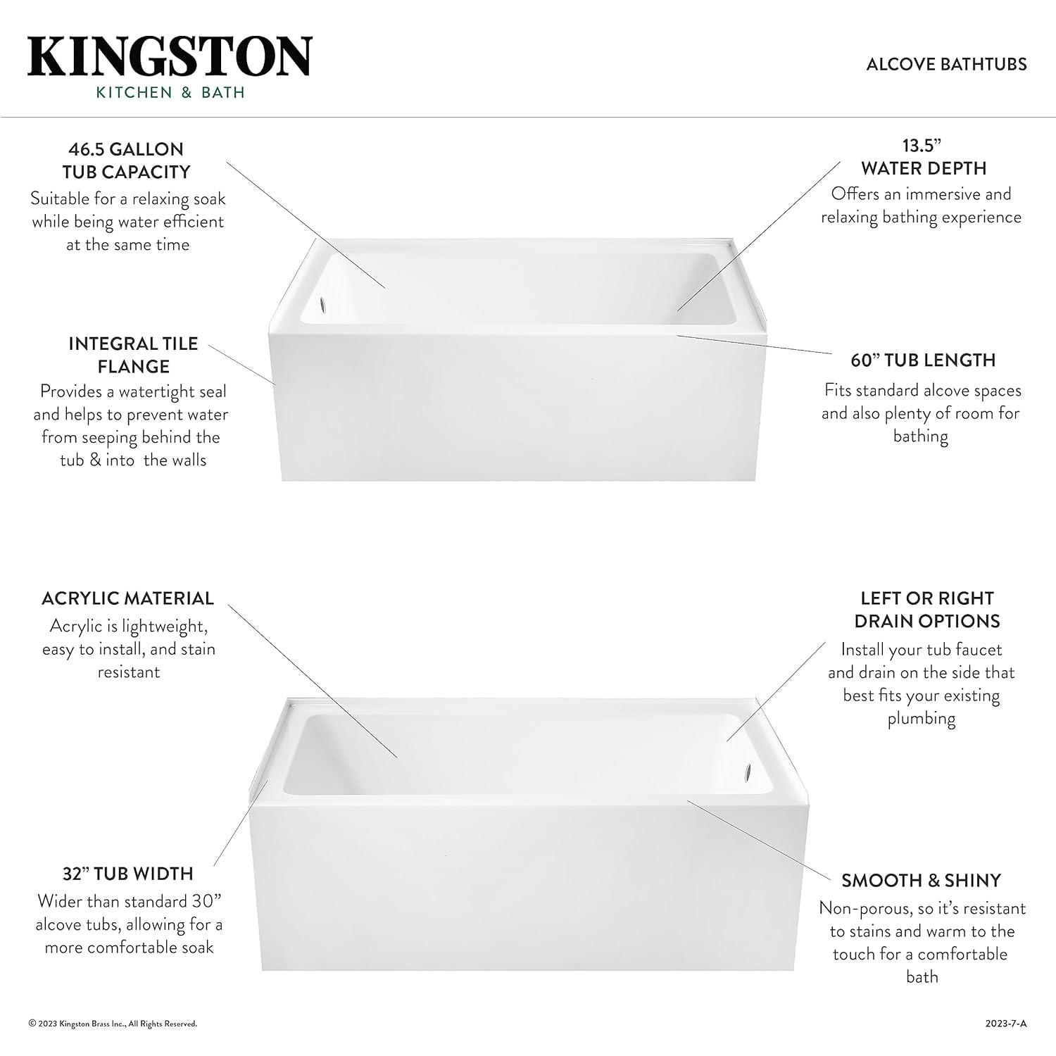 Kingston Brass Aqua Eden 60-Inch Acrylic Rectangular 3-Wall Alcove Tub, Hand Drain Hole