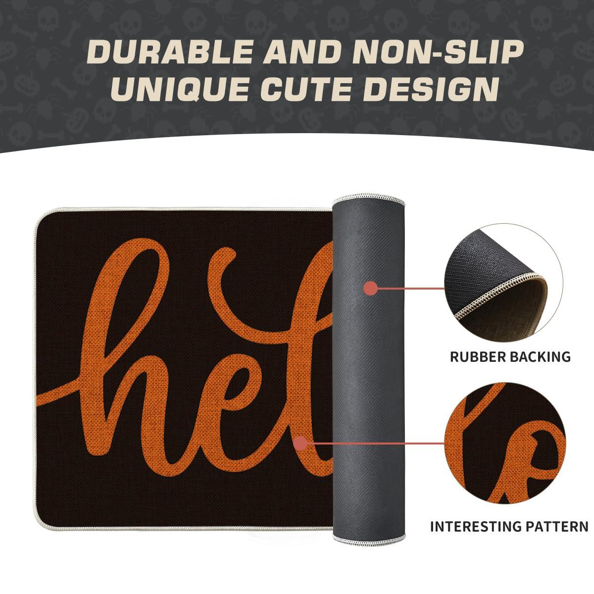 The Holiday Aisle® Black Orange Hello Halloween Doormat, Home Decor Low-Profile Switch Rug Door Mat Floor Mat For Indoor Outdoor 17X29 Inch