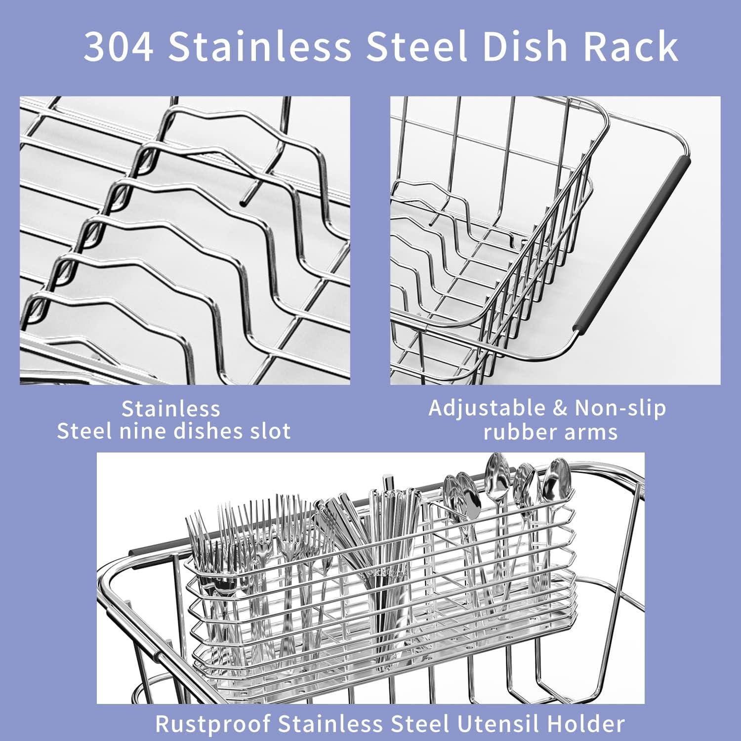 Dish Drainer in Sink Adjustable 14.96" to 20.59", Expandable 304 Stainless Steel Metal Dish Drying Rack Organizer with Stainless Steel Utensil Holder Over Inside Sink Counter