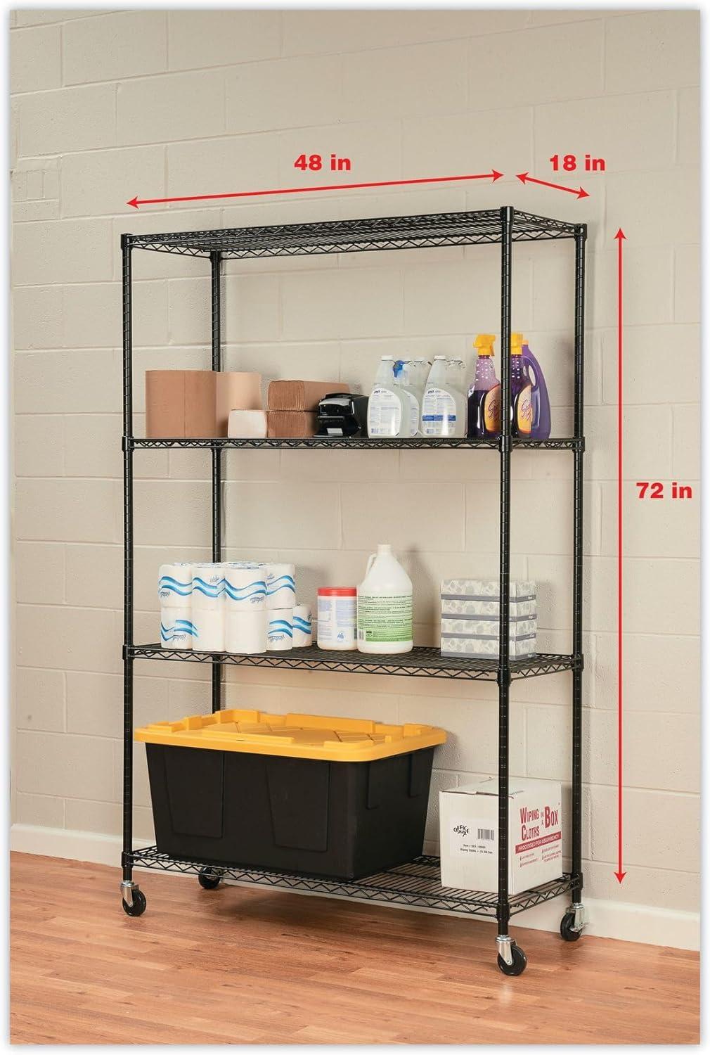 Alera Complete Wire Shelving Unit with Casters, Four-Shelf, 48" x 18" x 72", Black