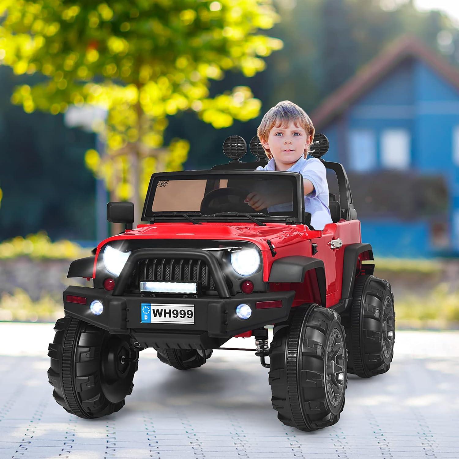 HONEY JOY Ride On Truck, 12V Battery Powered Vehicle Ride On Car with Remote Control, Spring Suspension, Headlights, Music, Mesh Windshield, Electric Cars for Kids, Gift for Boys Girls 3+(Red)