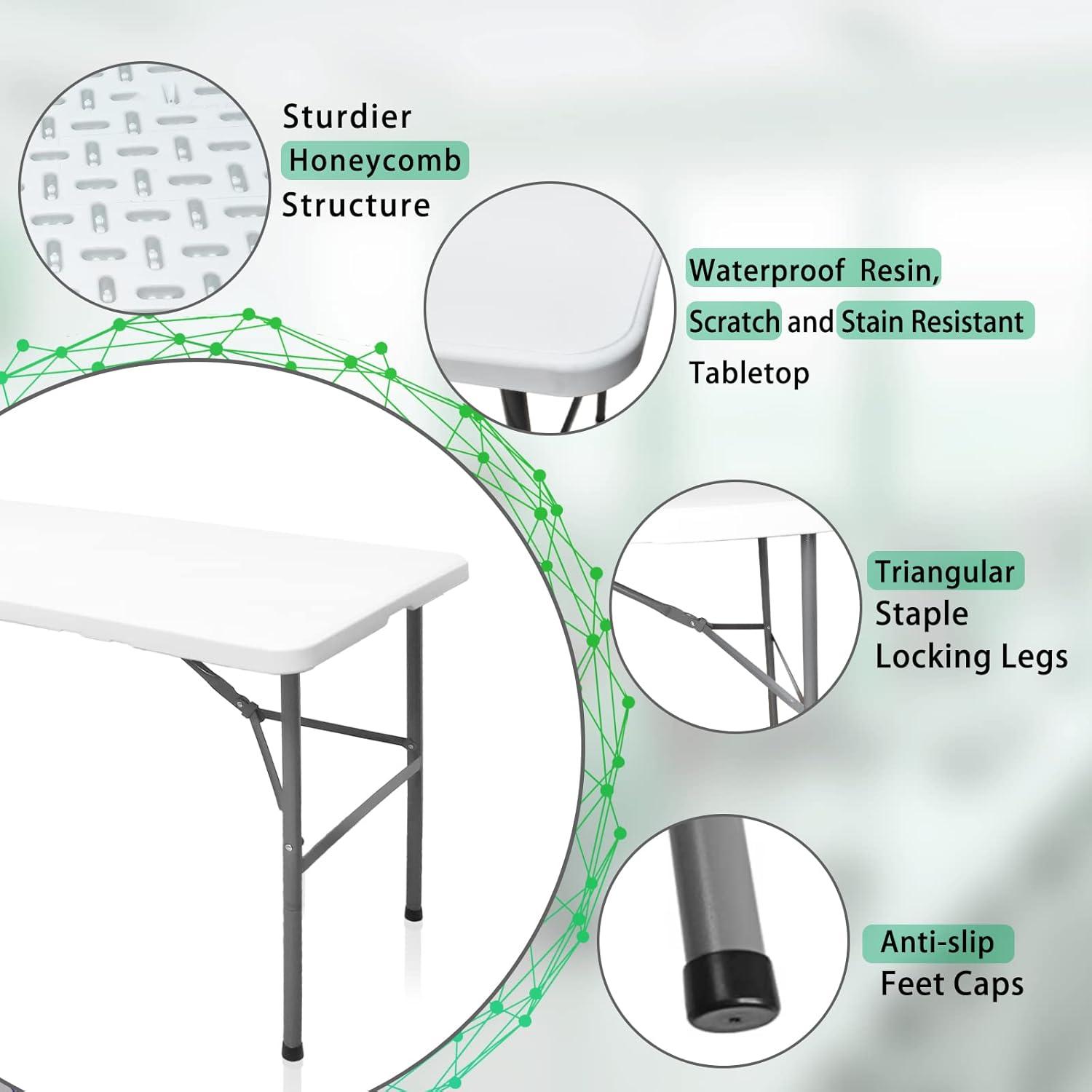 4 ft Portable Folding Table, Idustrial Heavy-Duty Foldable Table, HDPE Plastic Table, with Carrying Handle, Locks, Stright Legs for Indoor & Outdoor Party, Barbeque, Camping, Board Games - White