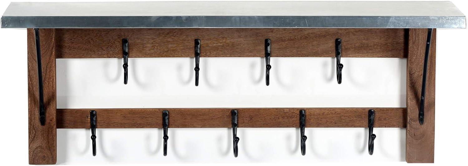 Millwork Double Row Hook Shelf Wood and Zinc Metal Silver/Light Amber - Alaterre Furniture: Mango Wood, 9-Hook Storage Rack