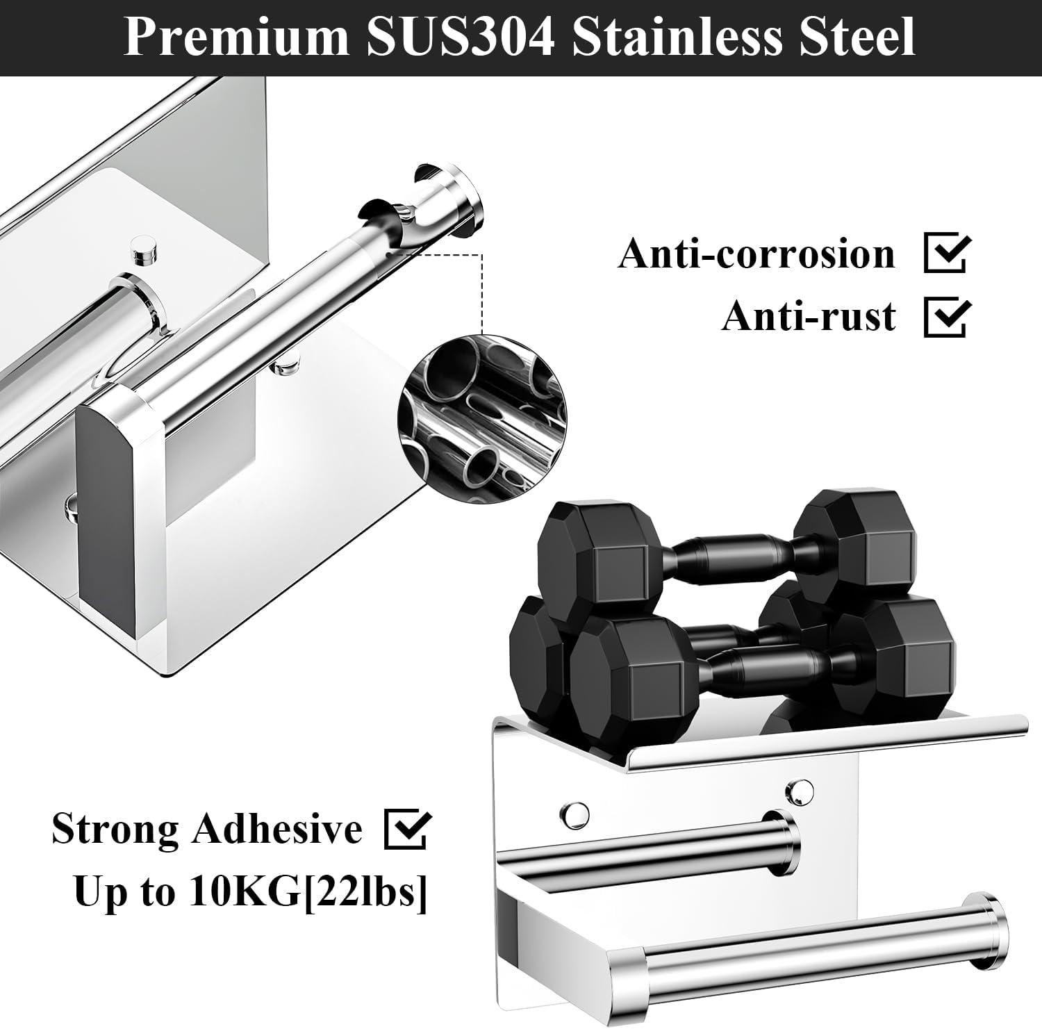 Tindbea Toilet Paper Holder with Phone Shelf + Towel Robe Hooks, Adhesive or Screw Wall Mounted Toilet Paper Roll Storage, Stainless Steel Bathroom Tissue Roll Holder (Polished Chrome)