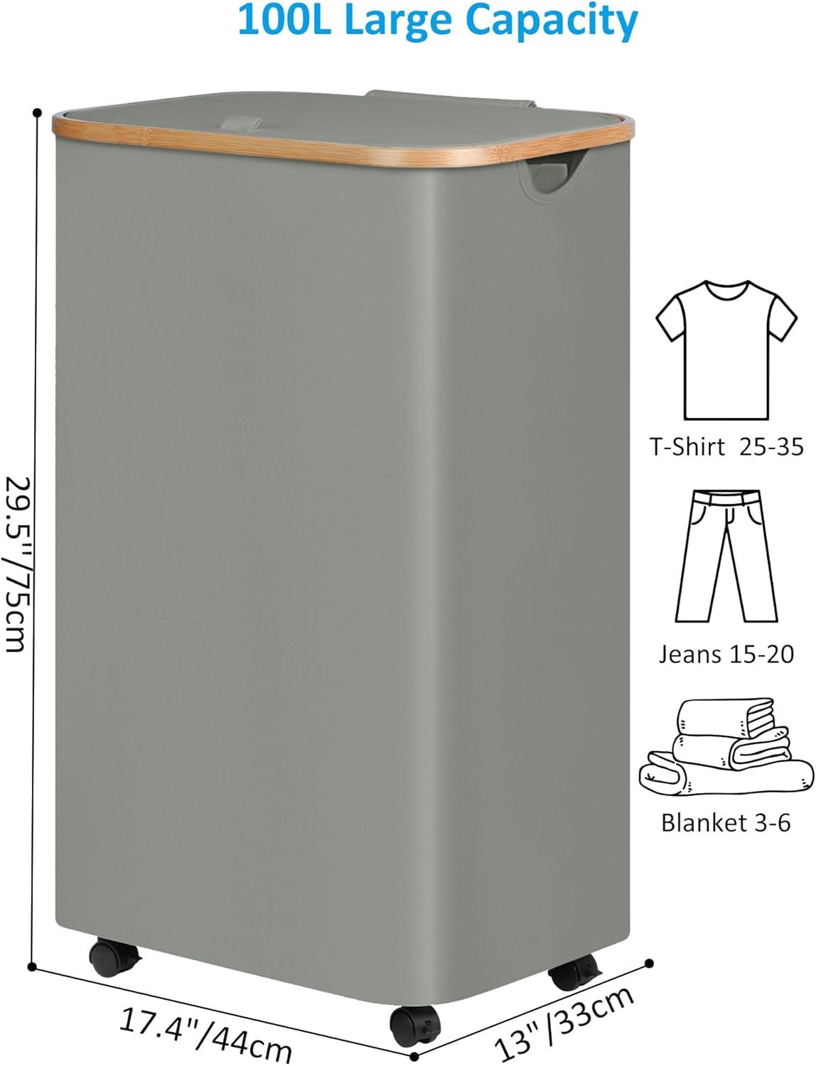 Hokku Designs Laundry Basket On Wheels With Lid And Removable Bag, Grey