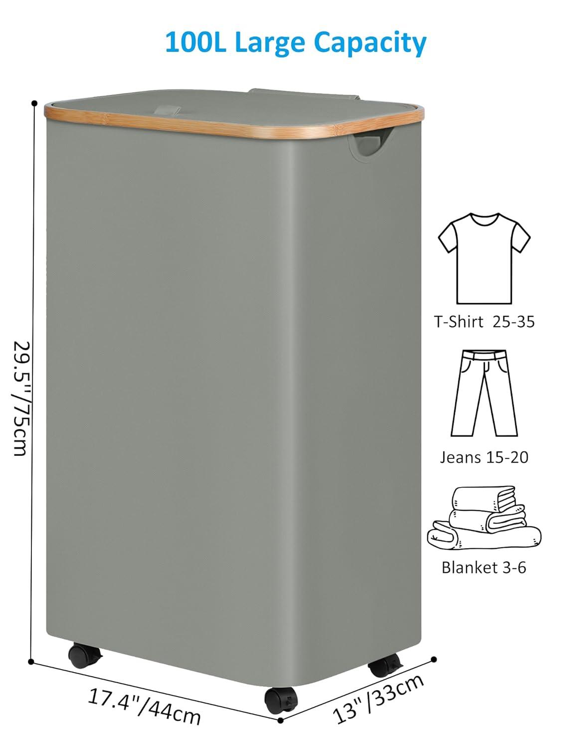 Hokku Designs Laundry Basket On Wheels With Lid And Removable Bag, Grey