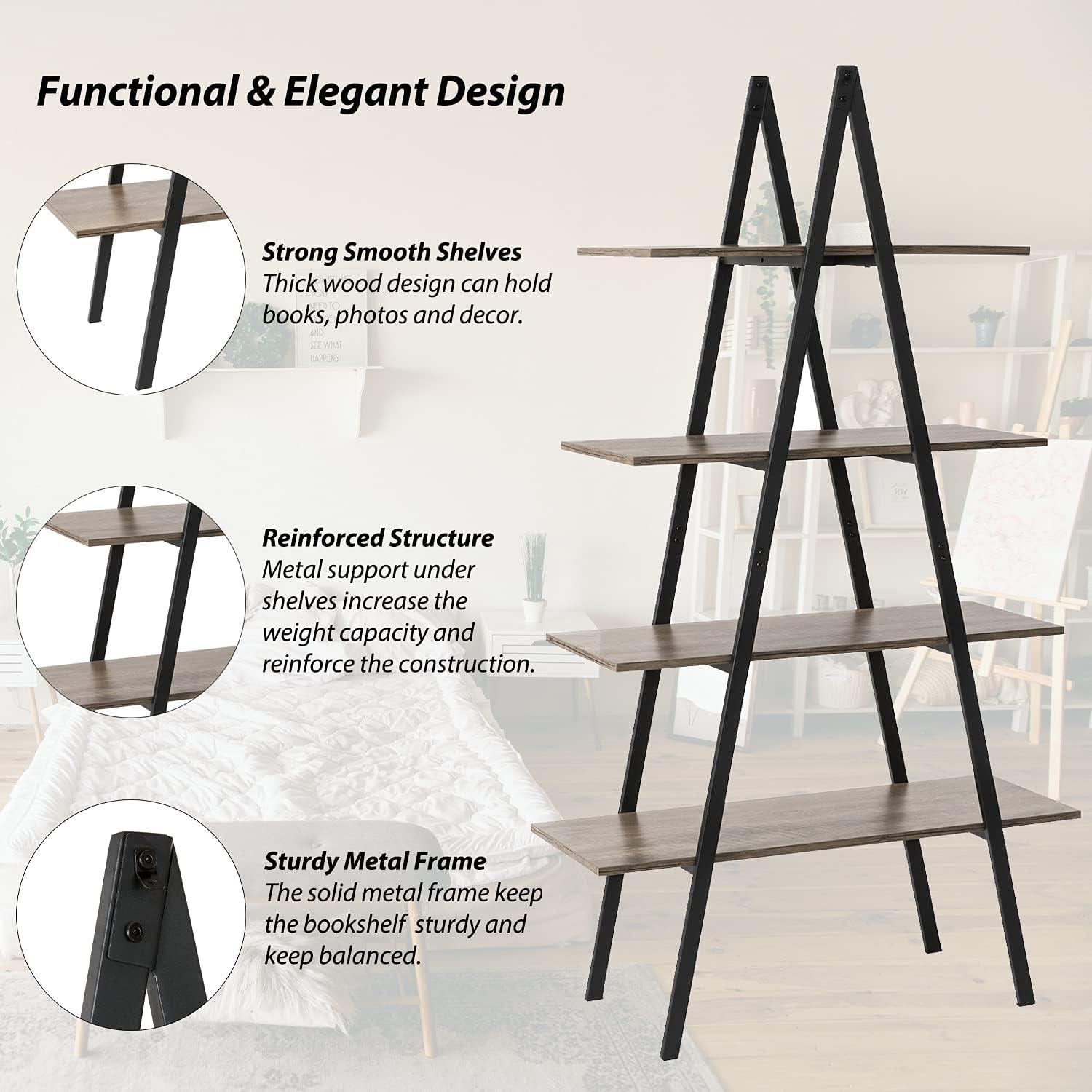 Glitzhome 64.5"H Modern Industry Wooden Oak Melamine 4-Tier Metal/ Wooden Leaning Bookcases & Ladder Shelves