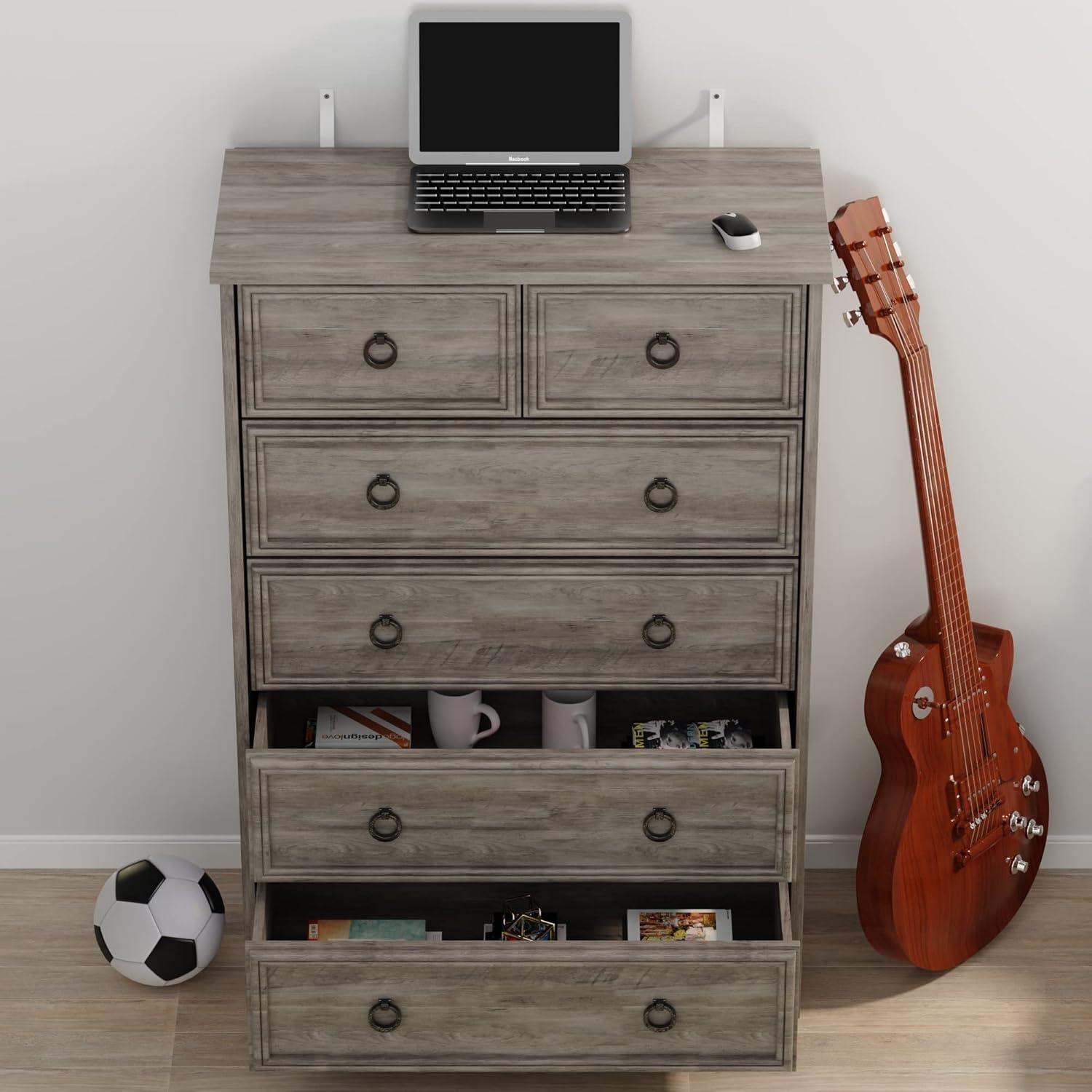 6 Drawer Dresser, Tall Wood Chest of Drawers Dressers for Bedroom, Living Room, Gray