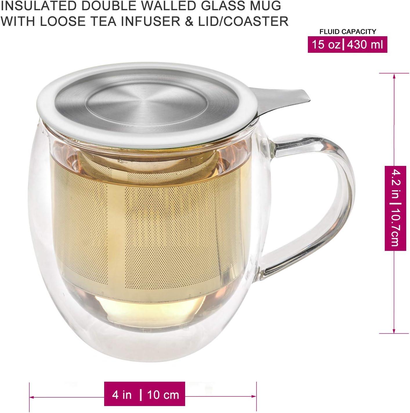 Teabloom Stay-Hot Heatproof Glass Mug with Loose Tea Infuser and Lid – 15 oz /430 mL – 2 Blooming Teas Included