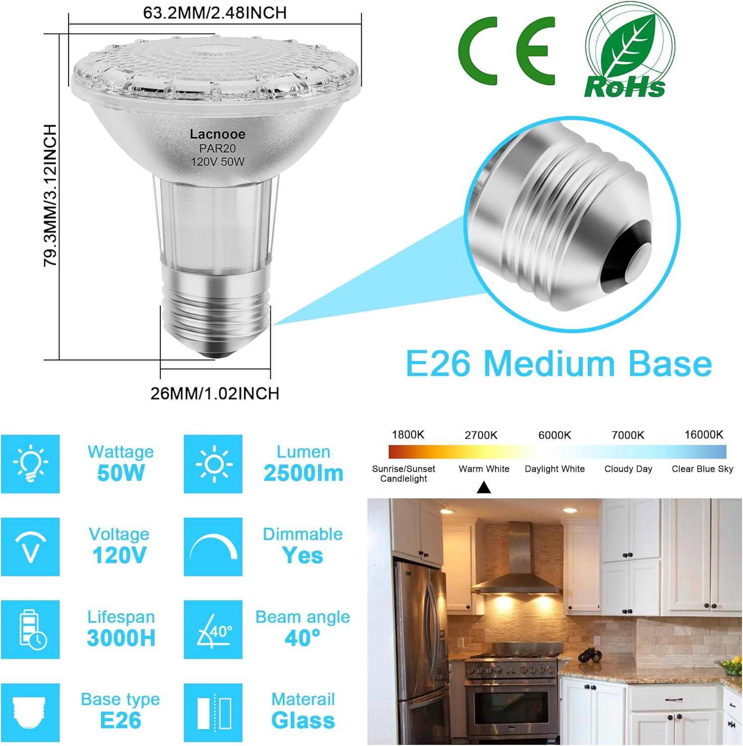 6PCS Par20 Halogen 50W 120V Dimmable, Long Lifespan E26 Par20 Light Bulb with 3000K Warm White for Indoor/Outdoor