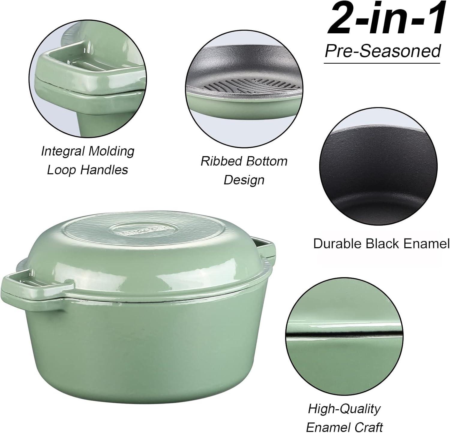 5.5 Quart Green Enameled Cast Iron Dutch Oven with Skillet Lid