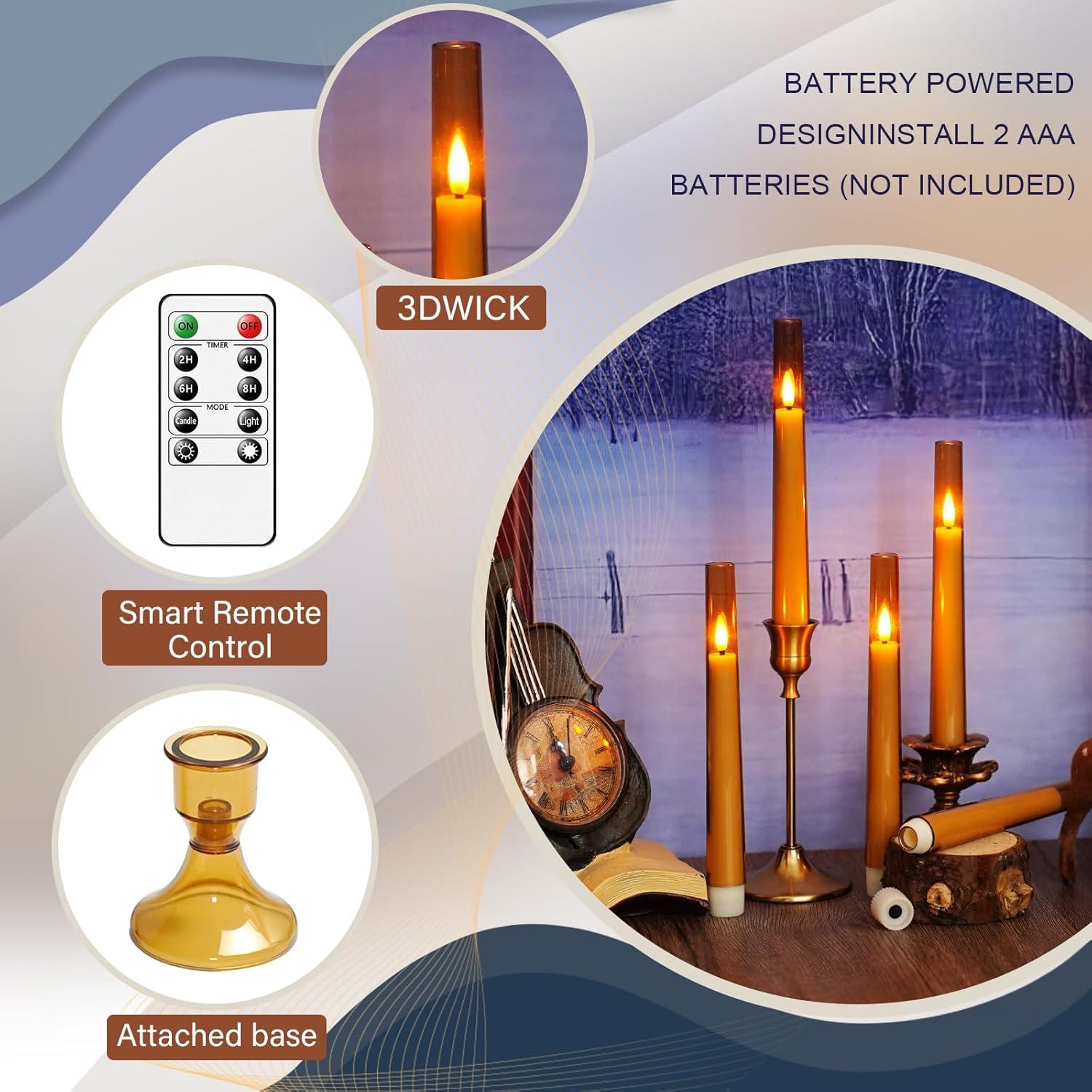6pcs Waxy Flameless Taper Candles with Remote, Led Flameless Candlesticks Classic Tall Taper Candles with Holders Flickering Battery Operated Taper Candles for Bedroom Dining Room