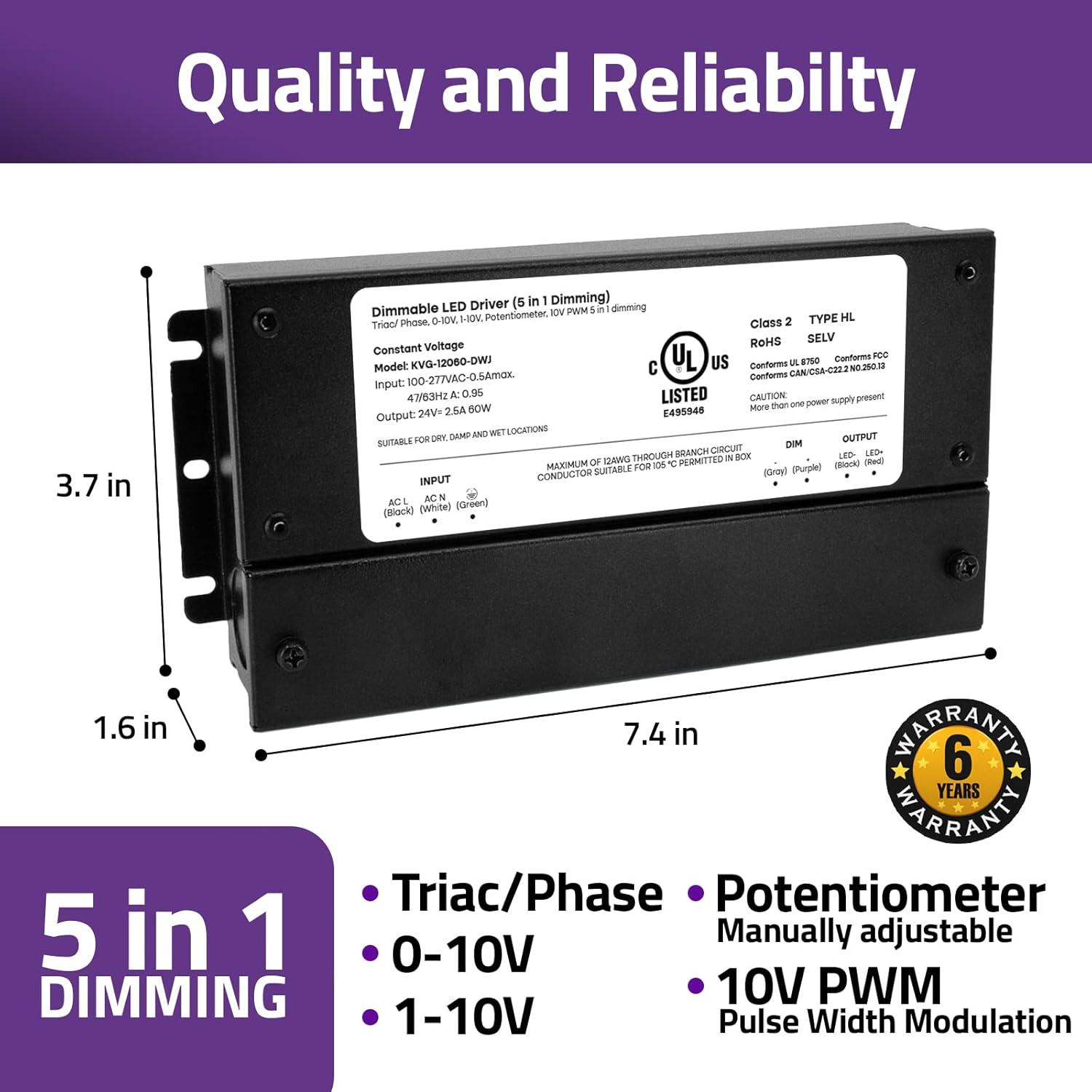 60W Dimmable LED Driver 24V, AC to DC Triac Dimmable Transformer Power Supply, Dimming LED Driver, Compatible with lutron and leviton Dimmer, TRIAC/Phase/0-10V /1-10V/Potentiometer/10V PWM UL Listed