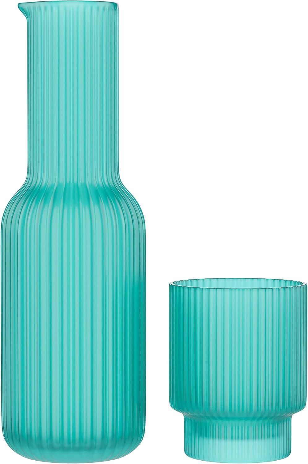 Aqua Blue Ribbed Glass Carafe with Tumbler Set