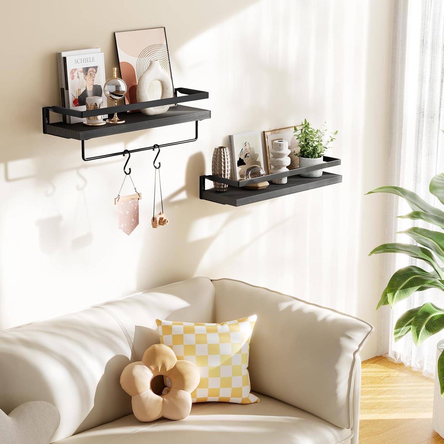 Black Wood Floating Wall Shelves with Towel Bar