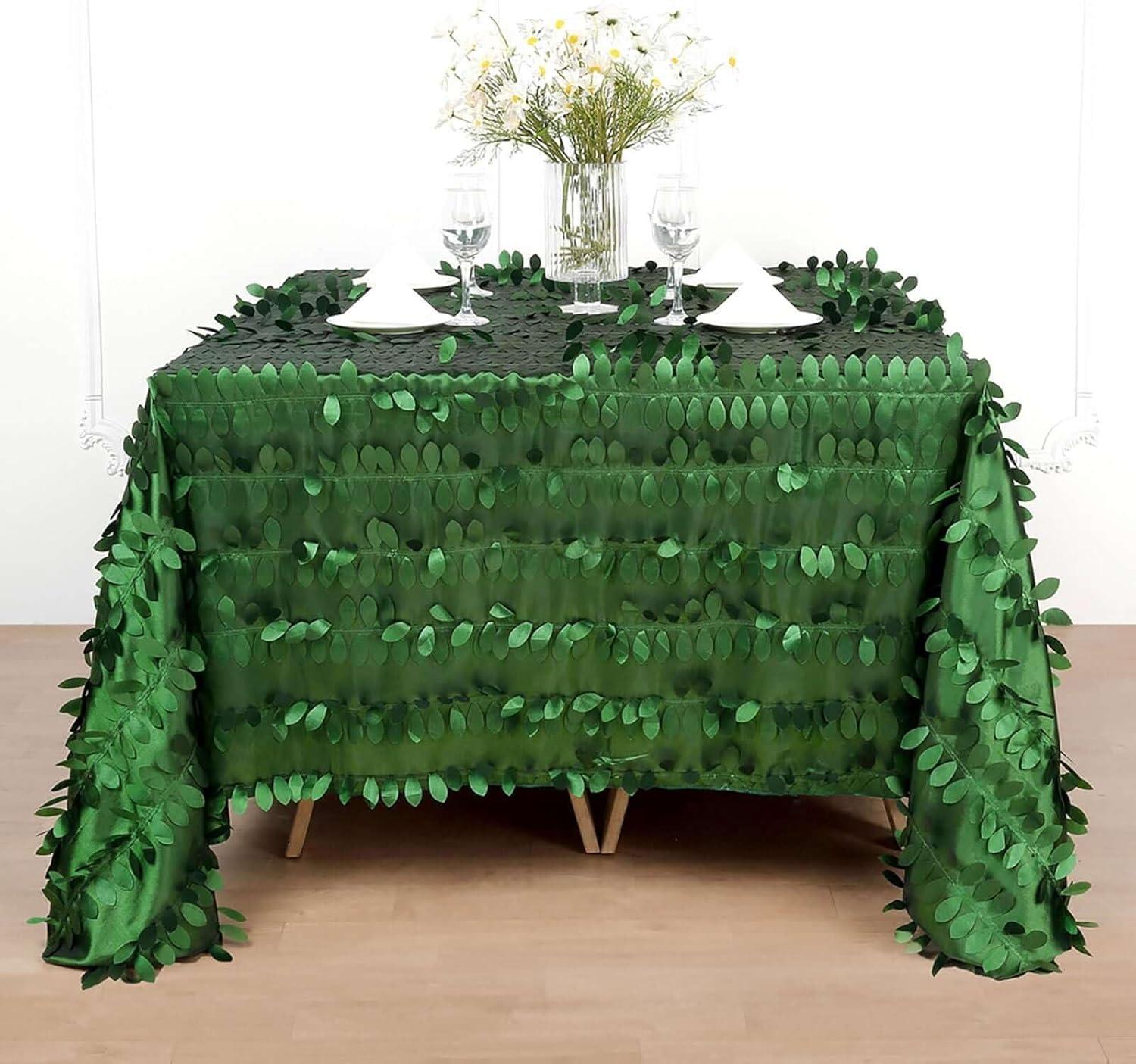 Efavormart 90"x90" Square Leaf Petal Taffeta Tablecloth - Decorative 3D Leaf Ruffle Table Cover for Forest Party, Wedding, Event, Dessert Tables - Green