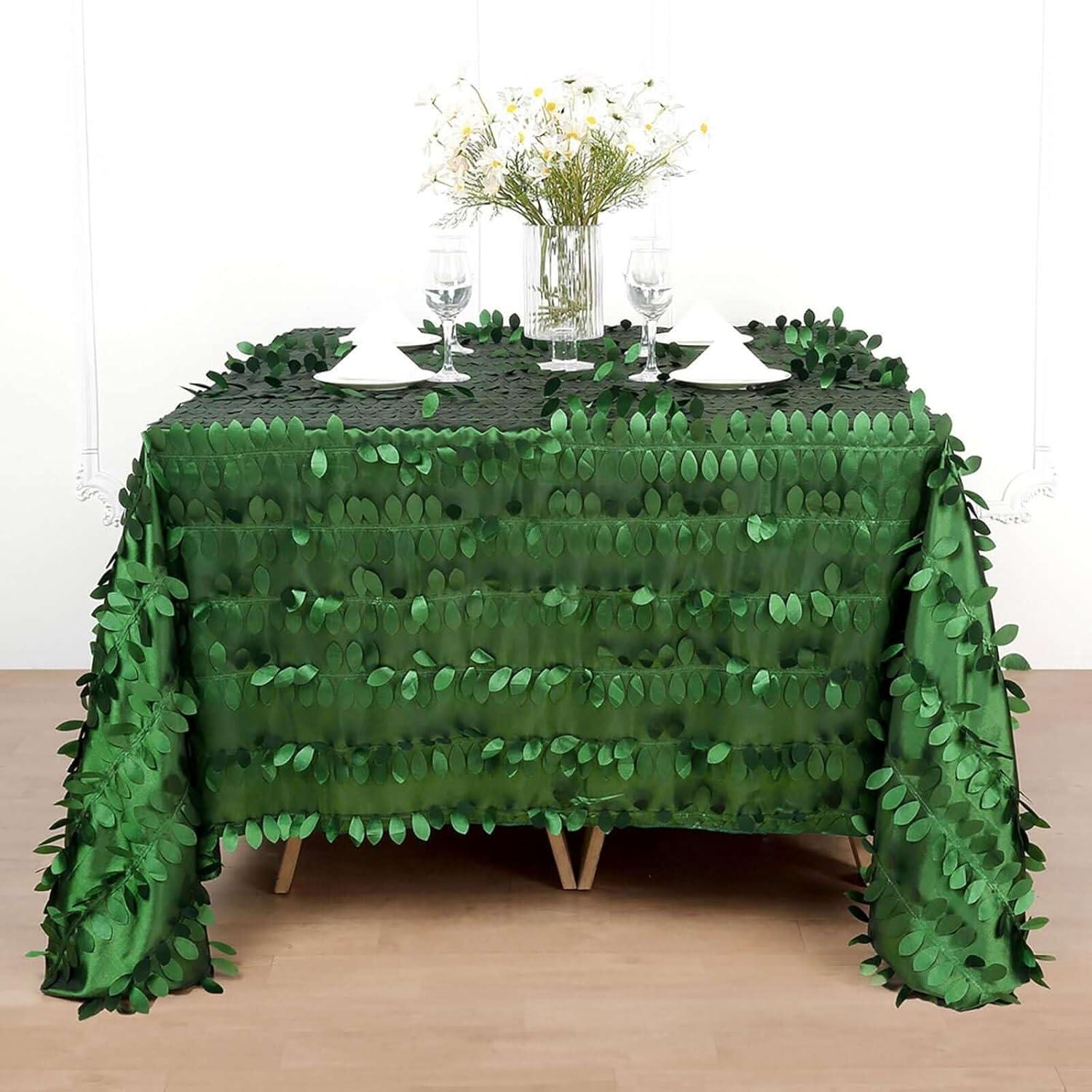 Efavormart 90"x90" Square Leaf Petal Taffeta Tablecloth - Decorative 3D Leaf Ruffle Table Cover for Forest Party, Wedding, Event, Dessert Tables - Green