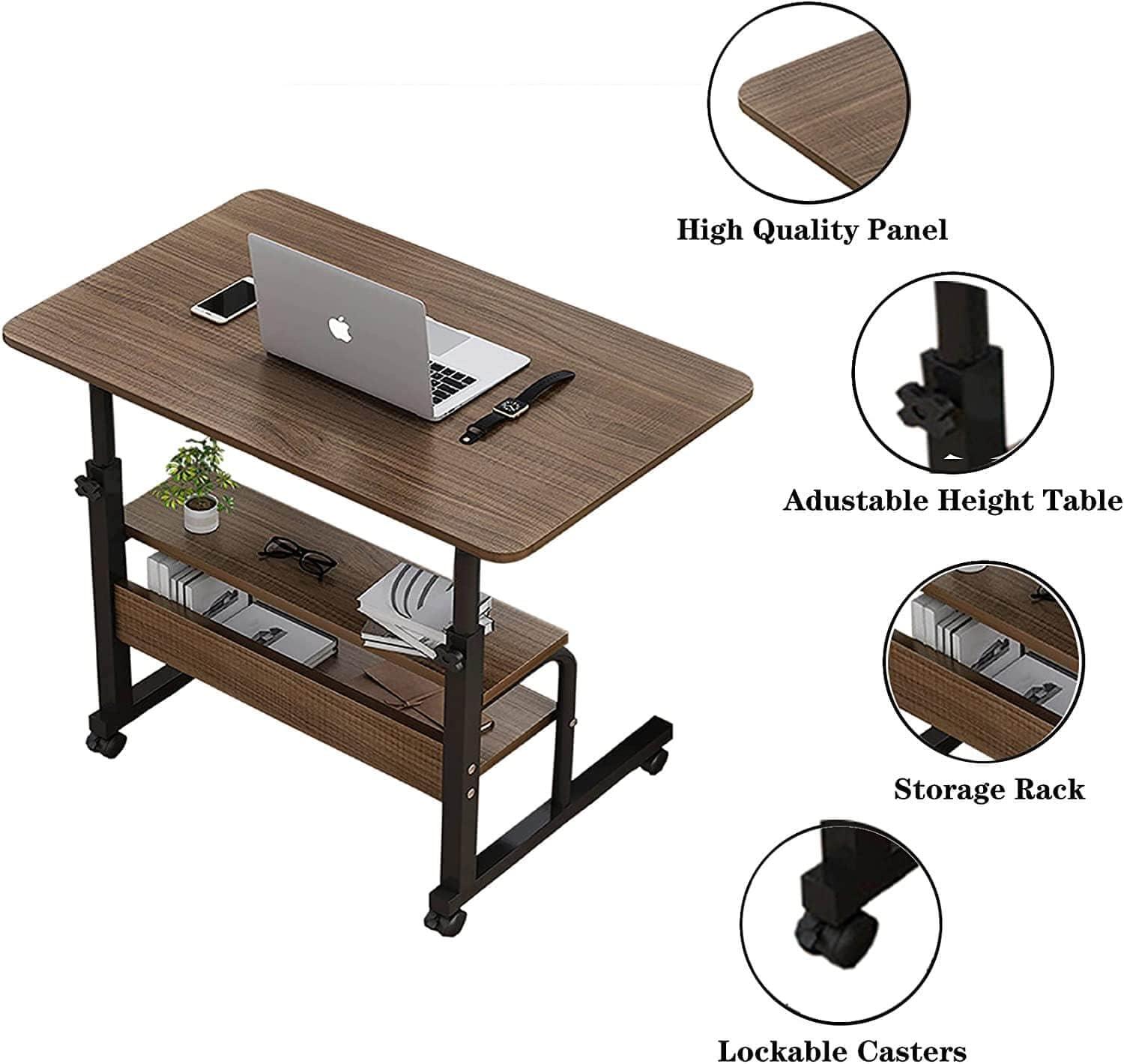 Adjustable Table Student Computer Desk Portable Home Office Furniture Small Spaces Sofa Bedroom Bedside Learn Play Game Desk on Wheels Movable with Storage Size 31.5 * 15.7 Inch Brown A