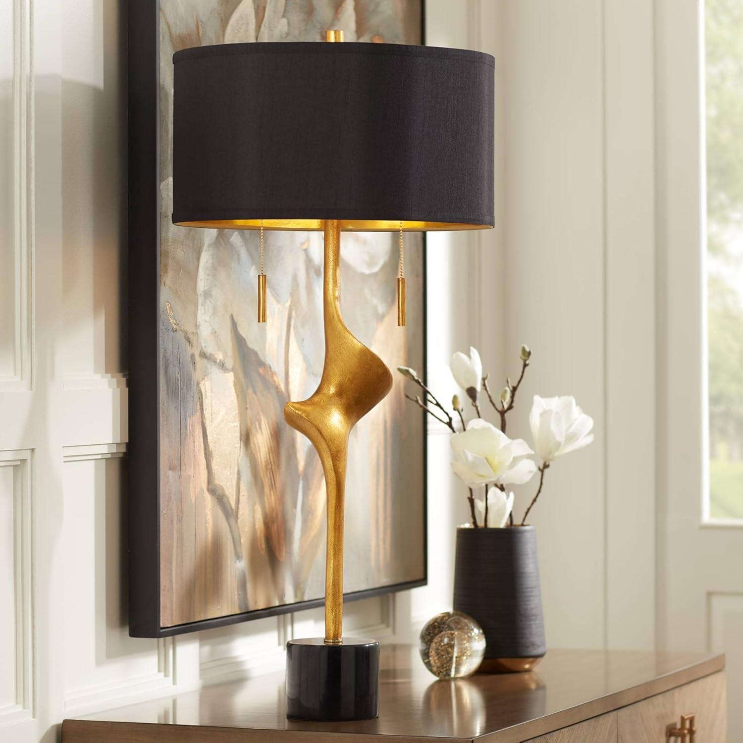 Possini Euro Design Athena Modern Buffet Table Lamp 35 1/2" Tall Sculptural Gold Leaf Black Drum Shade Bedroom Living Room Bedside Nightstand Office