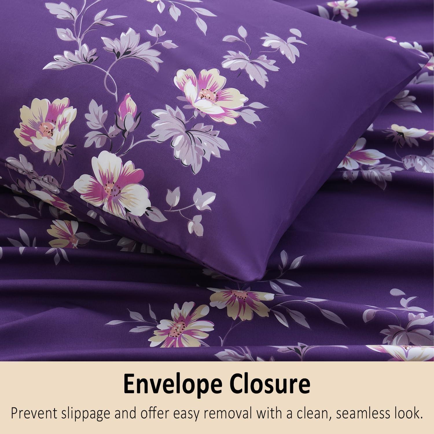 MEISHANG Twin Sheet Set - Floral Sheets Deep Pocket Ultra Soft Brushed Microfiber with Up to 16" Mattresses - Wrinkle Free - 3 Pieces(Twin,Purple Floral)